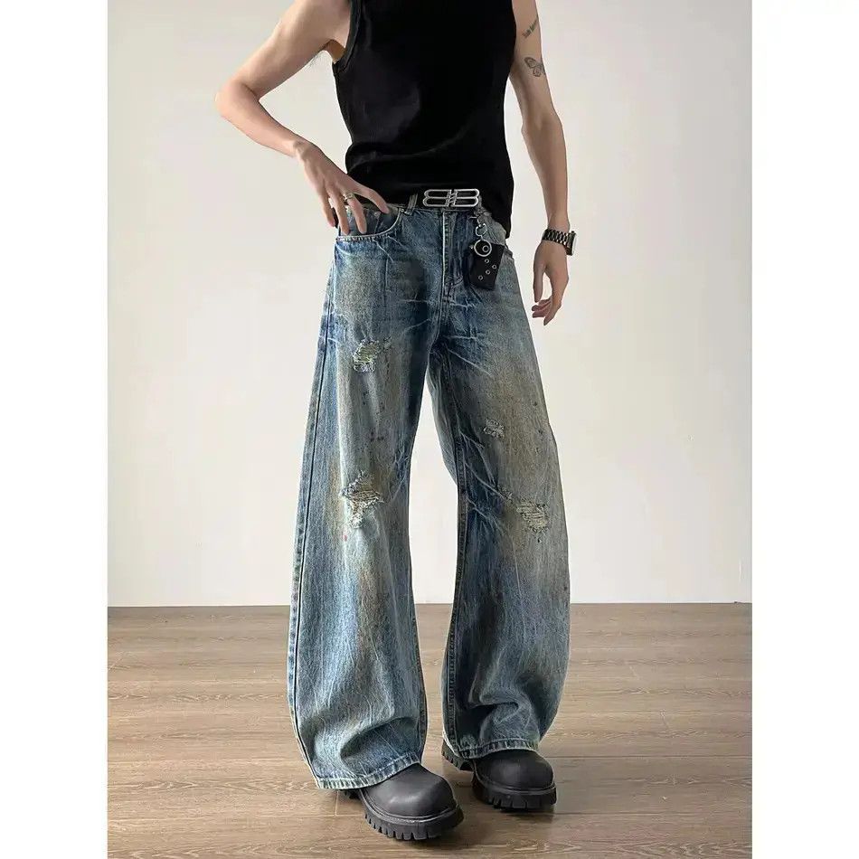 Japanese Brand Retro loose straight leg wide leg ripped jeans Size US 32 / EU 48 - 2 Thumbnail