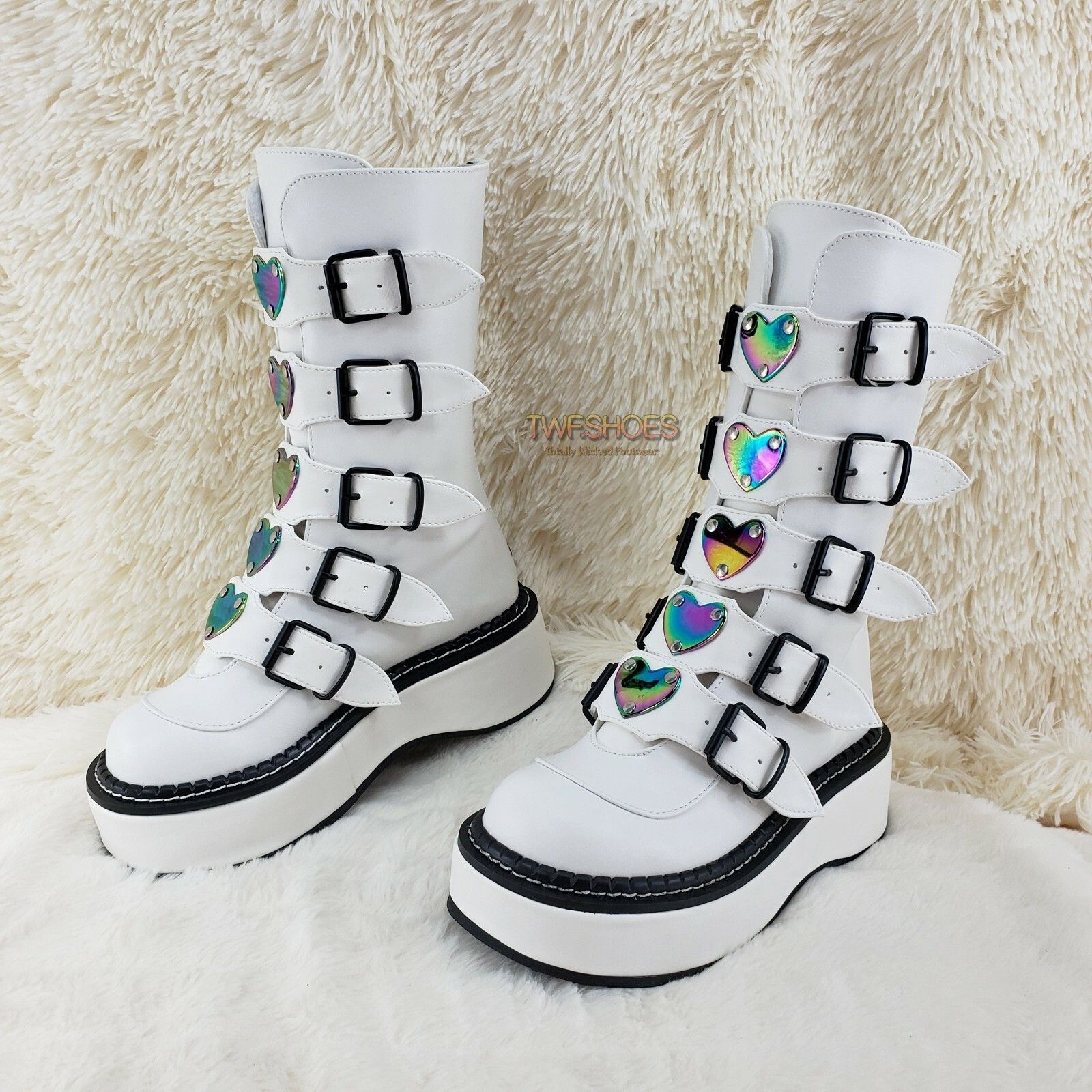 Demonia Cult DEMONIA Emily 330 White Matte 2" Platform Mid Calf Heart Com Size US 10 / IT 40 - 2 Thumbnail