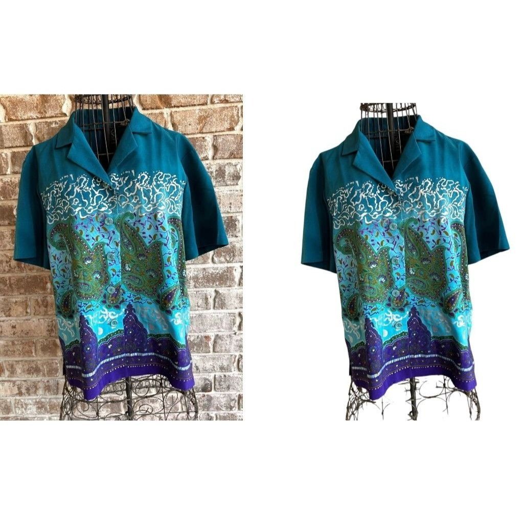 Designer × Vintage VTG Russell Scott Signature Blouse 12 Teal Metallic Silve Size XL / US 12-14 / IT 48-50 - 1 Thumbnail