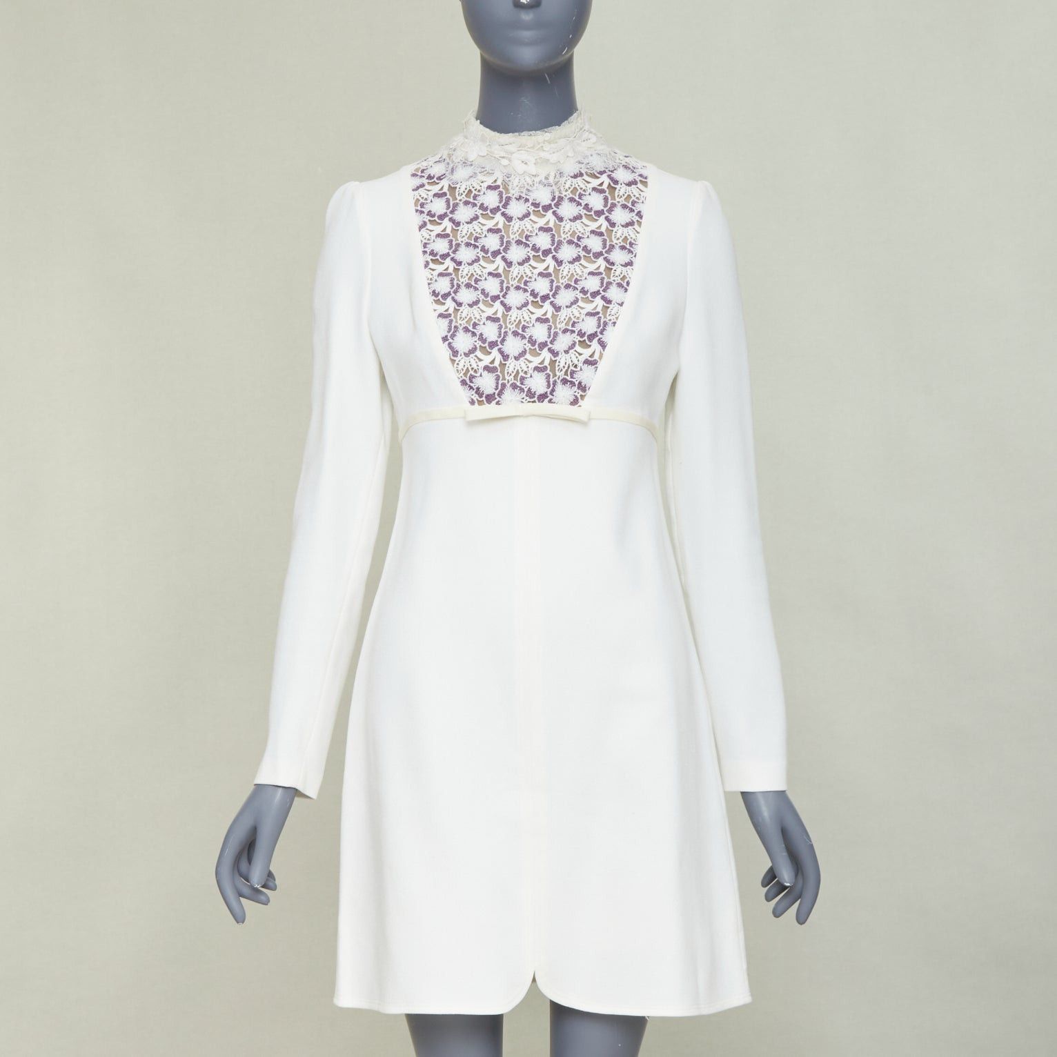 Giambattista Valli GIAMBATTISTA VALLI cream wool crepe purple floral lace bib high neck mini dress IT42 S Size M / US 6-8 / IT 42-44 - 1 Thumbnail
