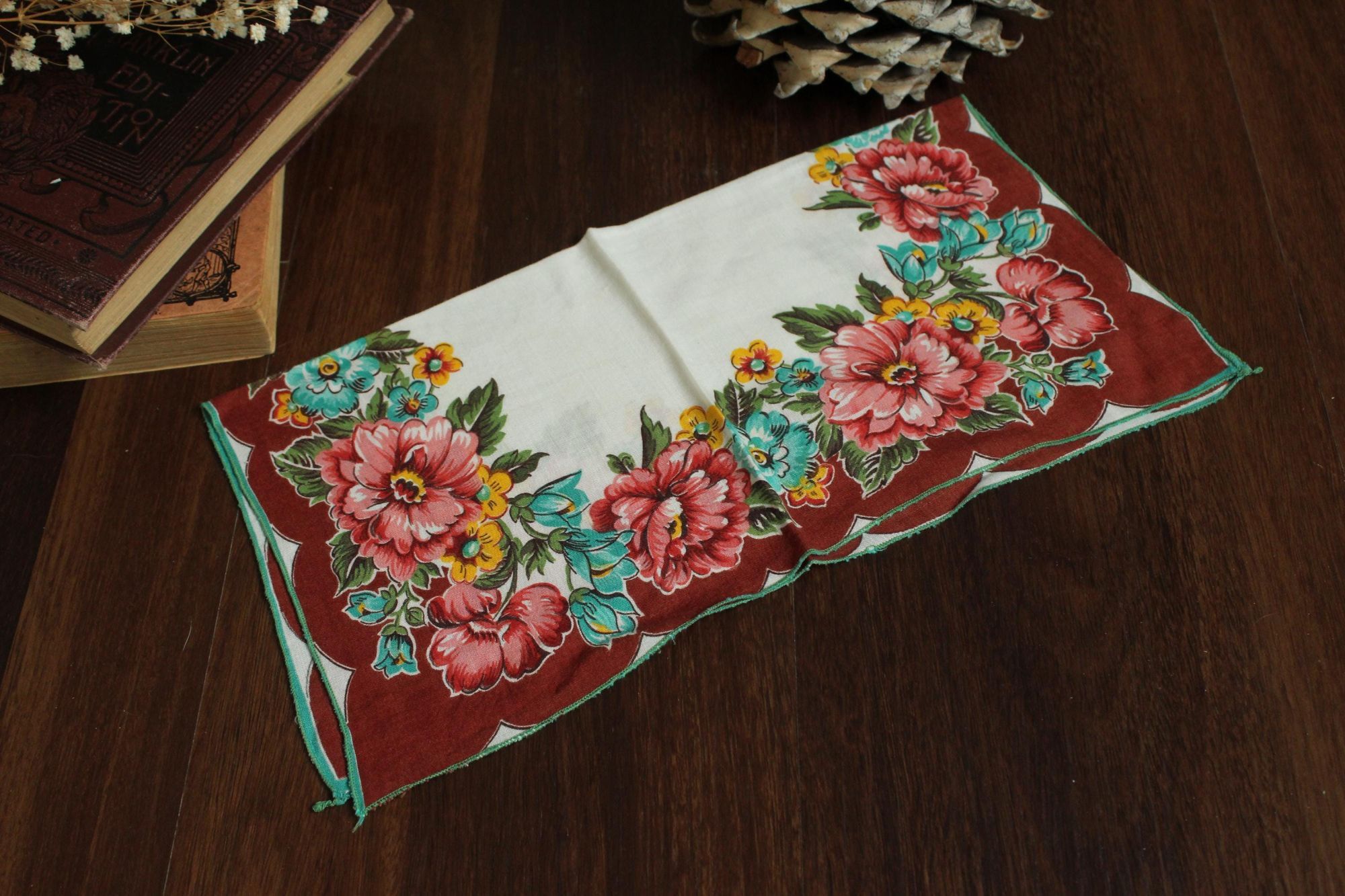 Vintage Vintage Handkerchief, Brown and Teal Wildflower Floral Print Size ONE SIZE - 5 Thumbnail