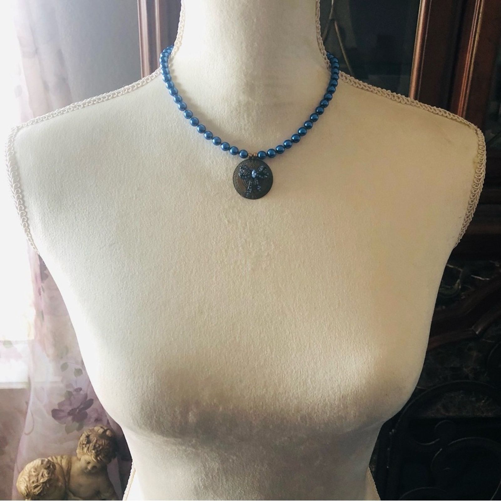 Handmade Handcrafted repurpose antique brass medallion Pearl necklace Size ONE SIZE - 6 Thumbnail