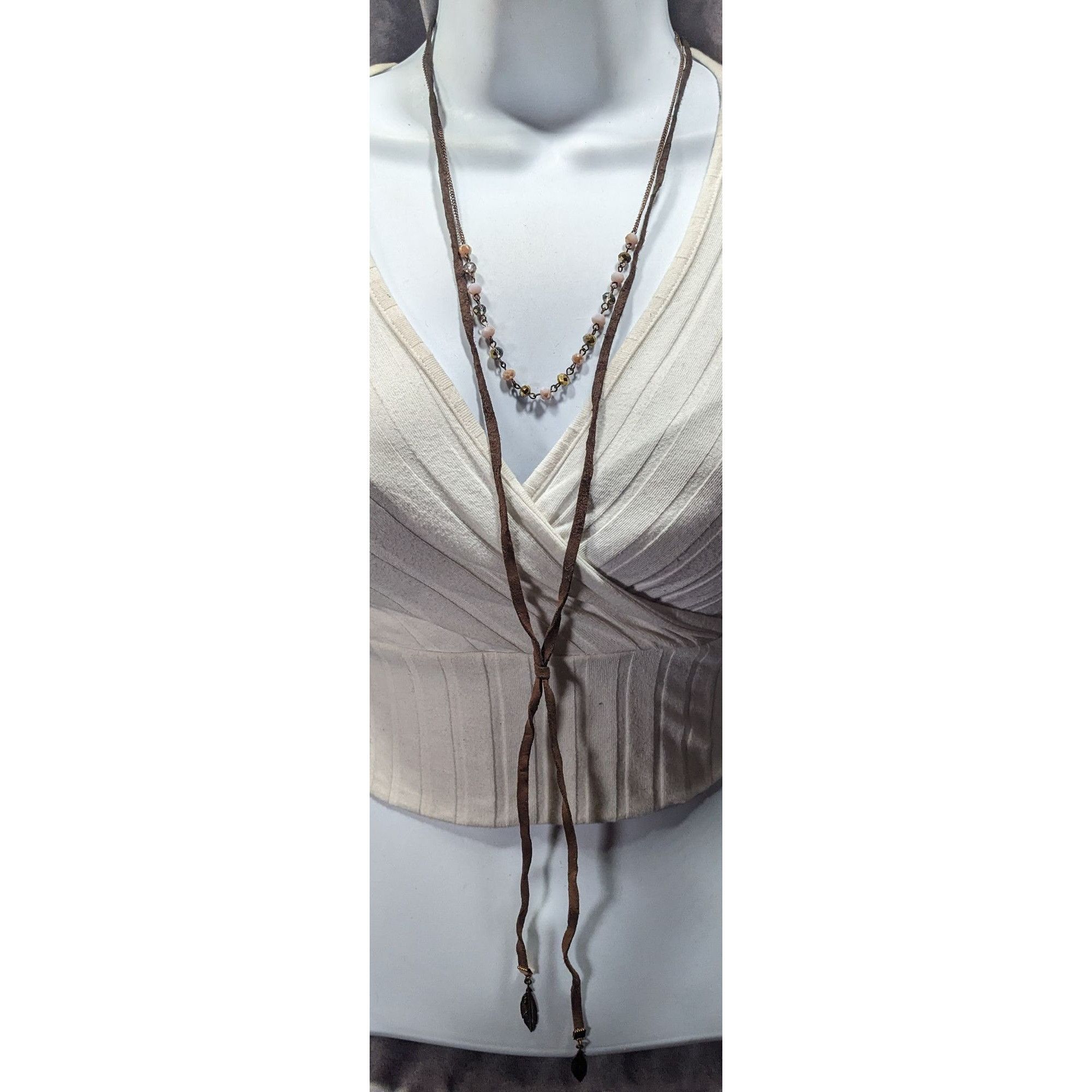 Other Bohemian Hippie Brown Suede Beaded Necklace With Tie Accent Size ONE SIZE - 1 Thumbnail