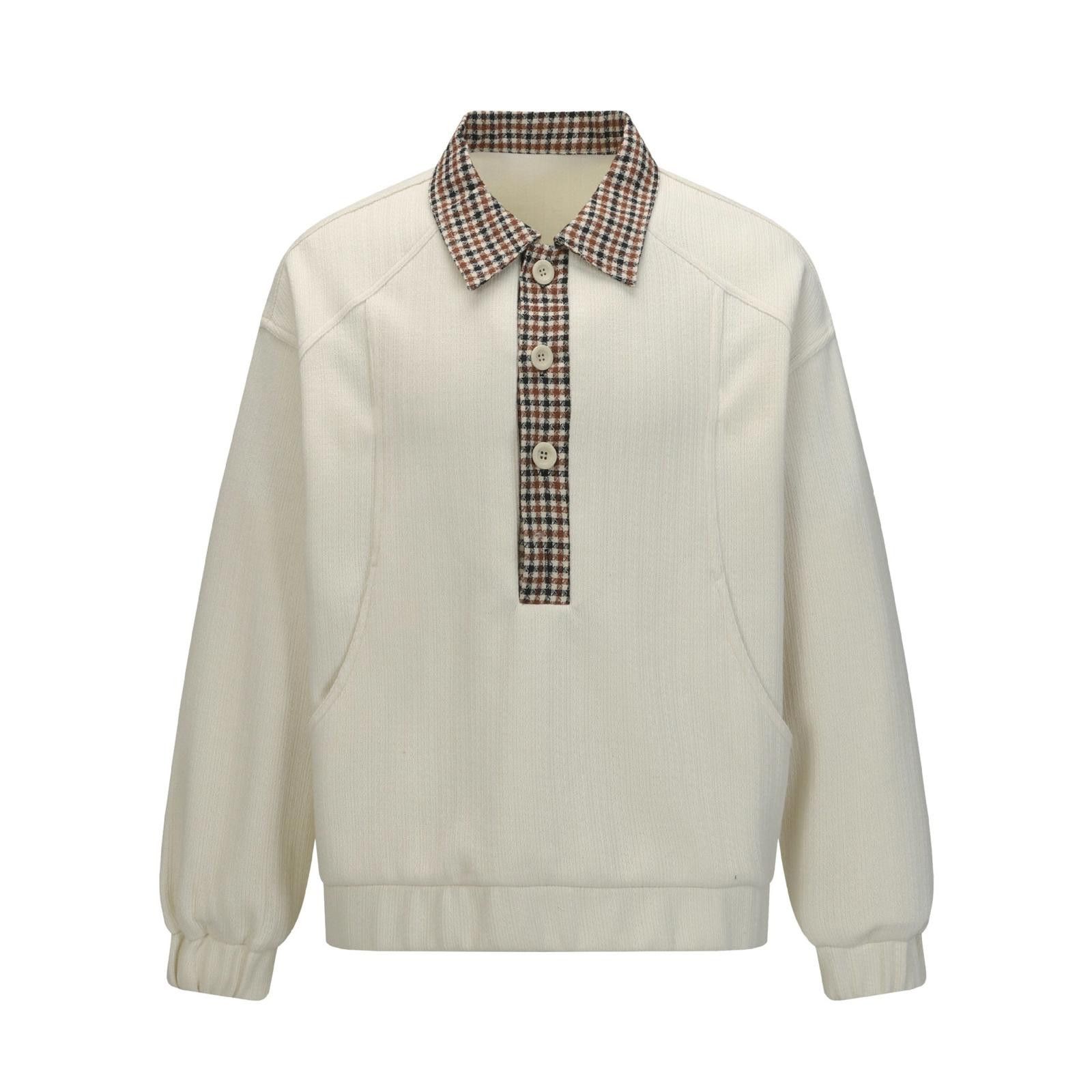 Cream Pullover Sweatshirt with Checked Collar Detail
