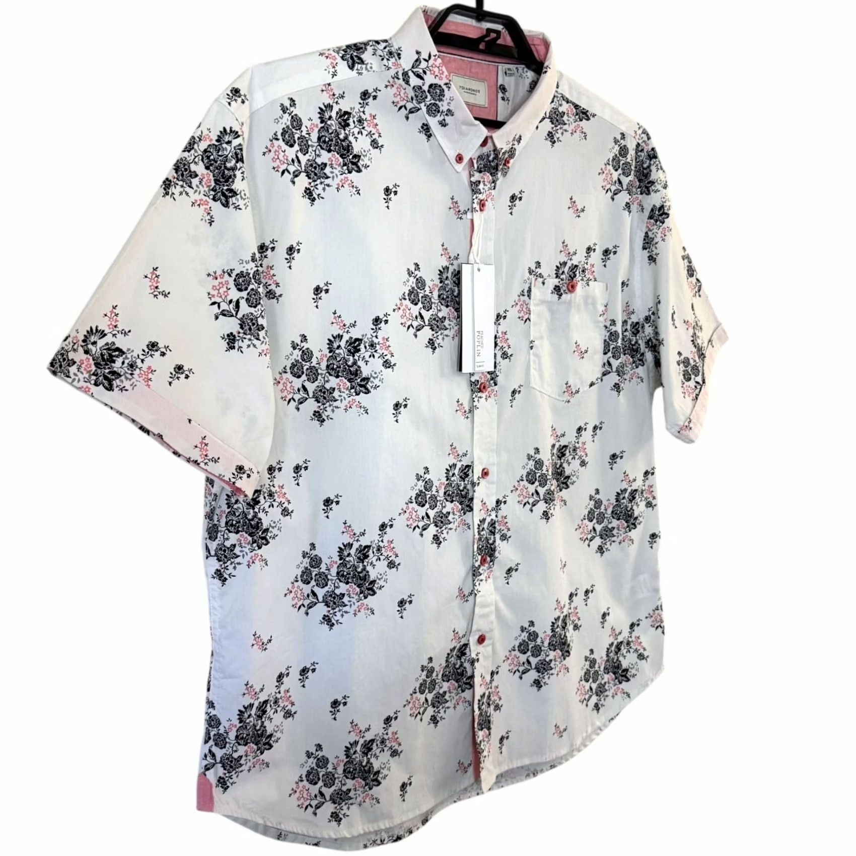 Vintage 7 Diamonds Floral Button-Down Dress Shirt White 2XL Men's Button-Up Cotton Casual Business Holiday Party/Cocktail Pockets New Size 48R - 3 Thumbnail
