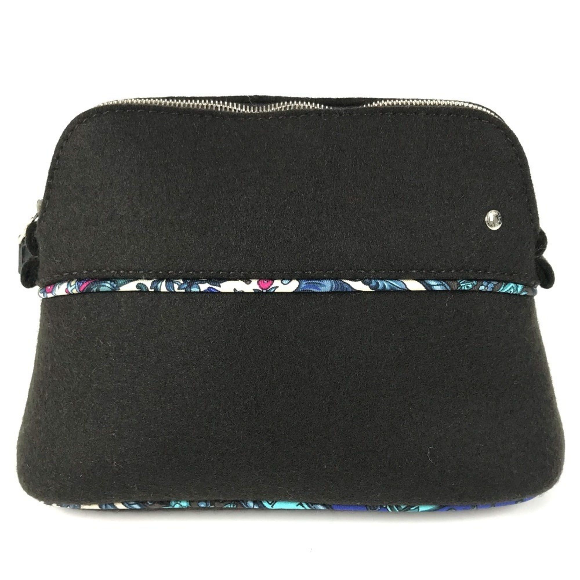 HERMES Serie Logo Makeup Pouch Felt Silk Women's Black