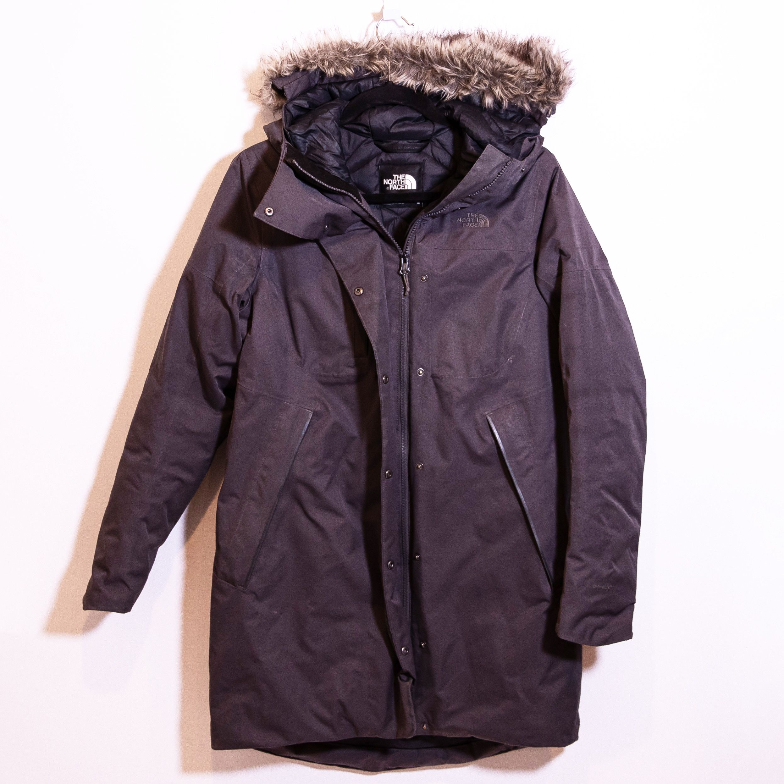 image of The North Face Faux Vegan Fur Trim Hood Full in Grey, Women's (Size Medium)