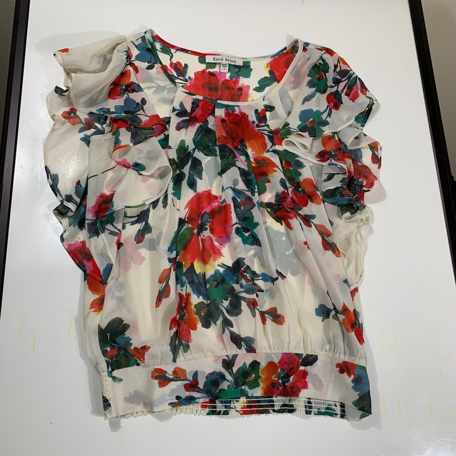 Other Black Rainn Tops Blouse White Floral Chiffon Ruffles Size S / US 4 / IT 40 - 1 Thumbnail