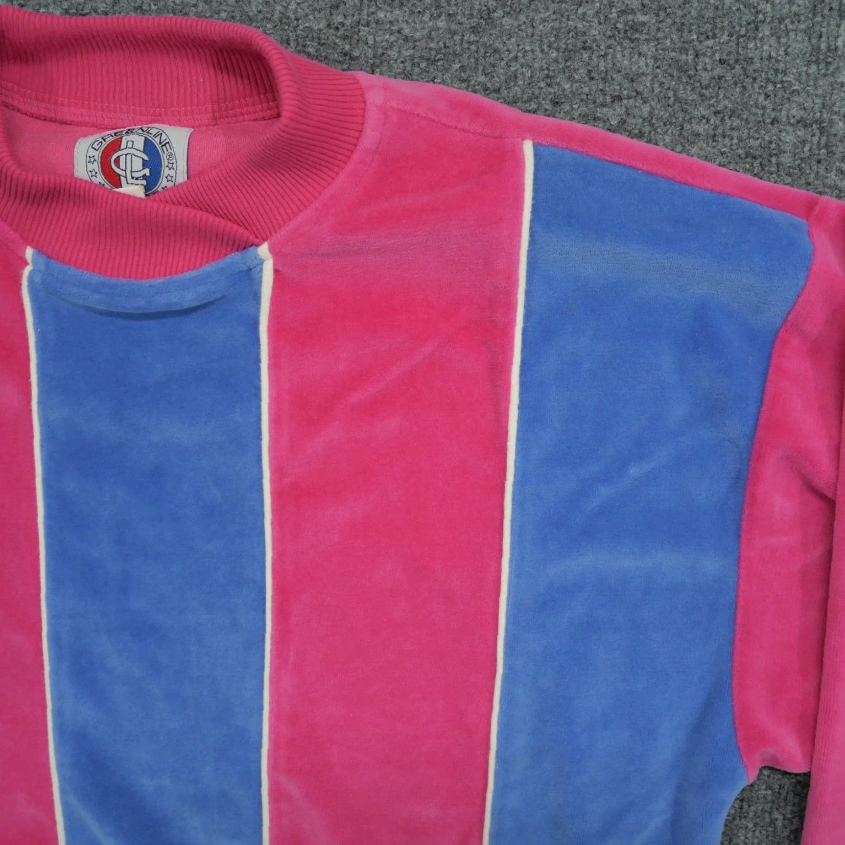 Velour VINTAGE Greenline Sports Sweatshirt Womens M Pullover Crew Neck Velour 90s Striped Pink Blue Cotton Blend Raglan Sleeve Size M / US 6-8 / IT 42-44 - 2 Thumbnail