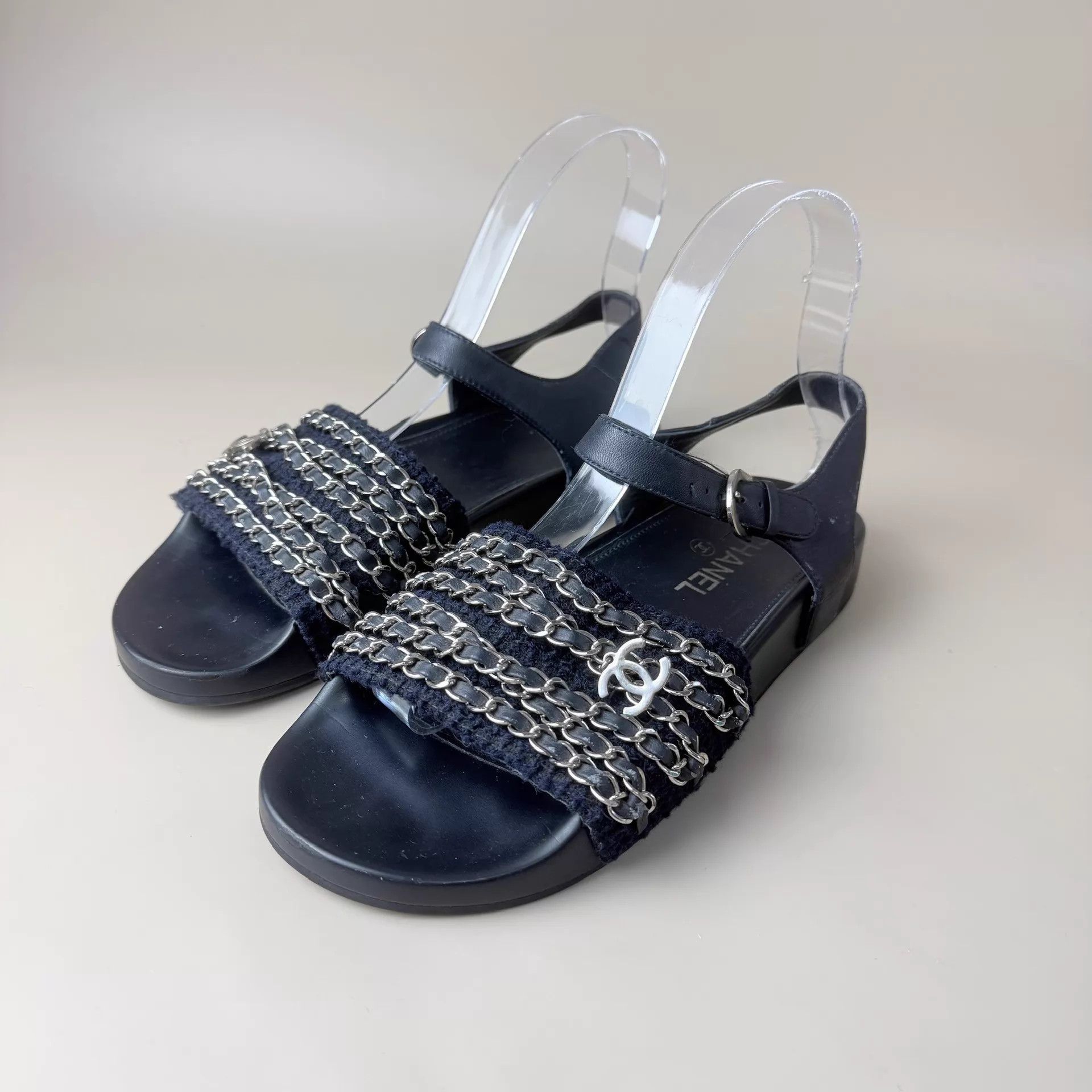 Chanel CHANEL black and gold Double C chain pendant sandal EUR 36 Size US 5.5 / IT 35.5 - 1 Thumbnail