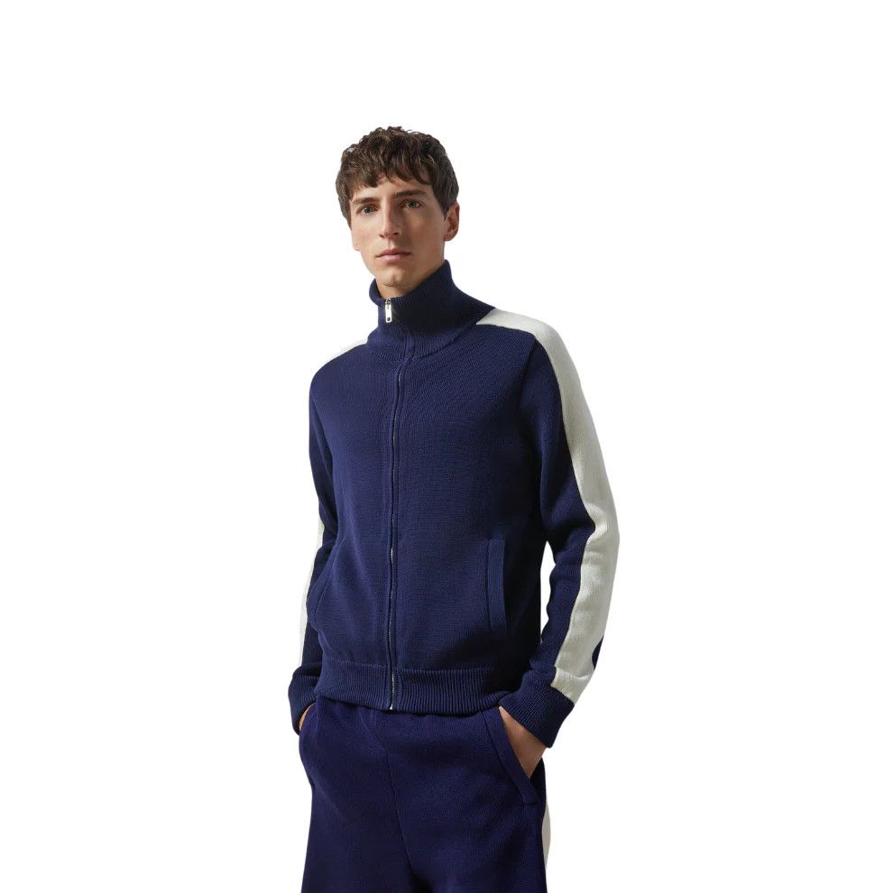 o1mt1gz0525 Cotton Knit Zip Bomber Jacket in Blue/Ivory