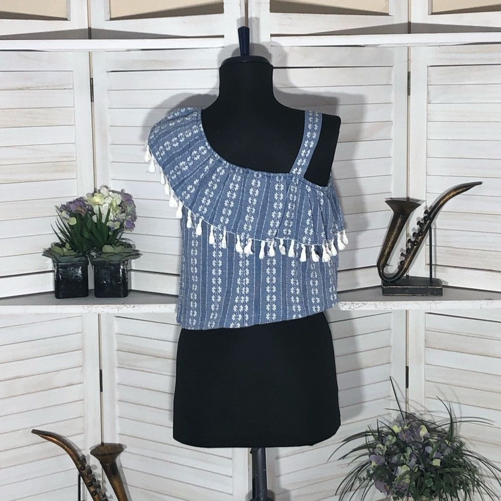Vintage Y2K crop top boho blue white fringes embroidered ruffled S Size S / US 4 / IT 40 - 2 Thumbnail