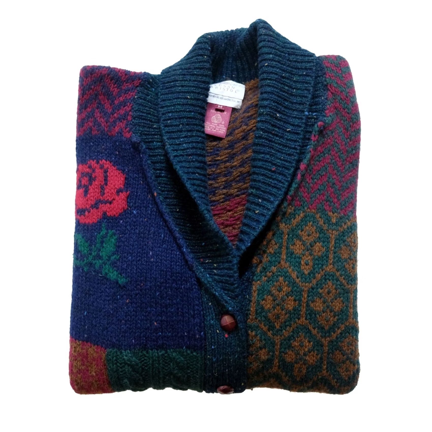 Vintage VINTAGE Susan Bristol Cardigan Sweater 100% Wool Floral Rose Patch Work Blue SZ M Womens 90s Size M / US 6-8 / IT 42-44 - 2 Thumbnail