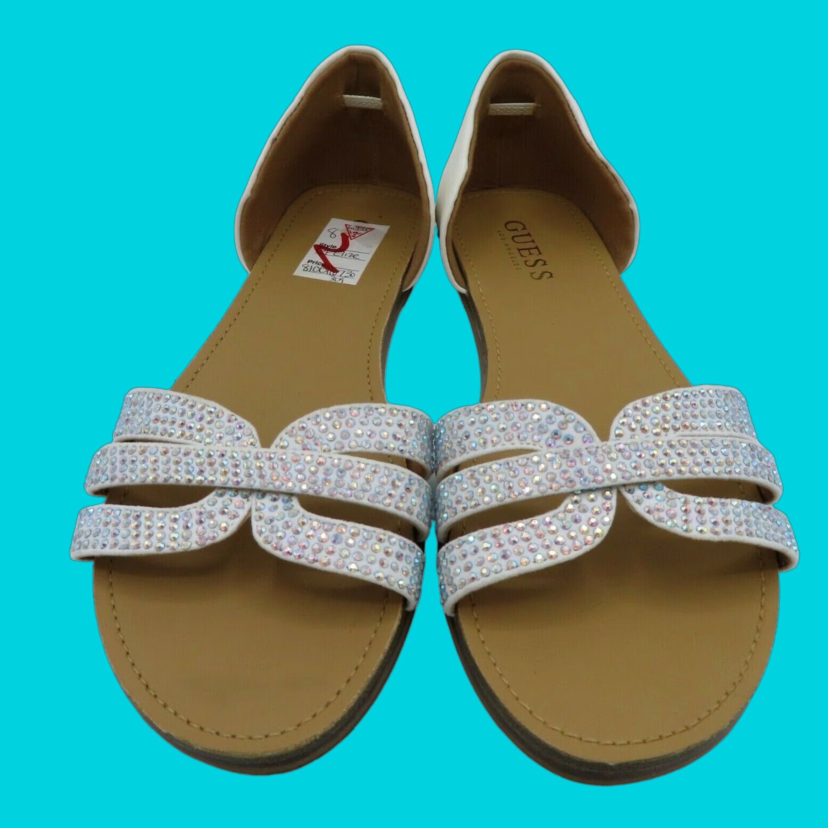 Guess GUESS Womens 8 ELIZE Iridescent Rainbow Rhinestone Flat Sandals Faux Leather Sandal Womens Width M, Slip On, Flat, Rhinestone, Faux Leather, 8, White Size US 8 / IT 38 - 1 Thumbnail