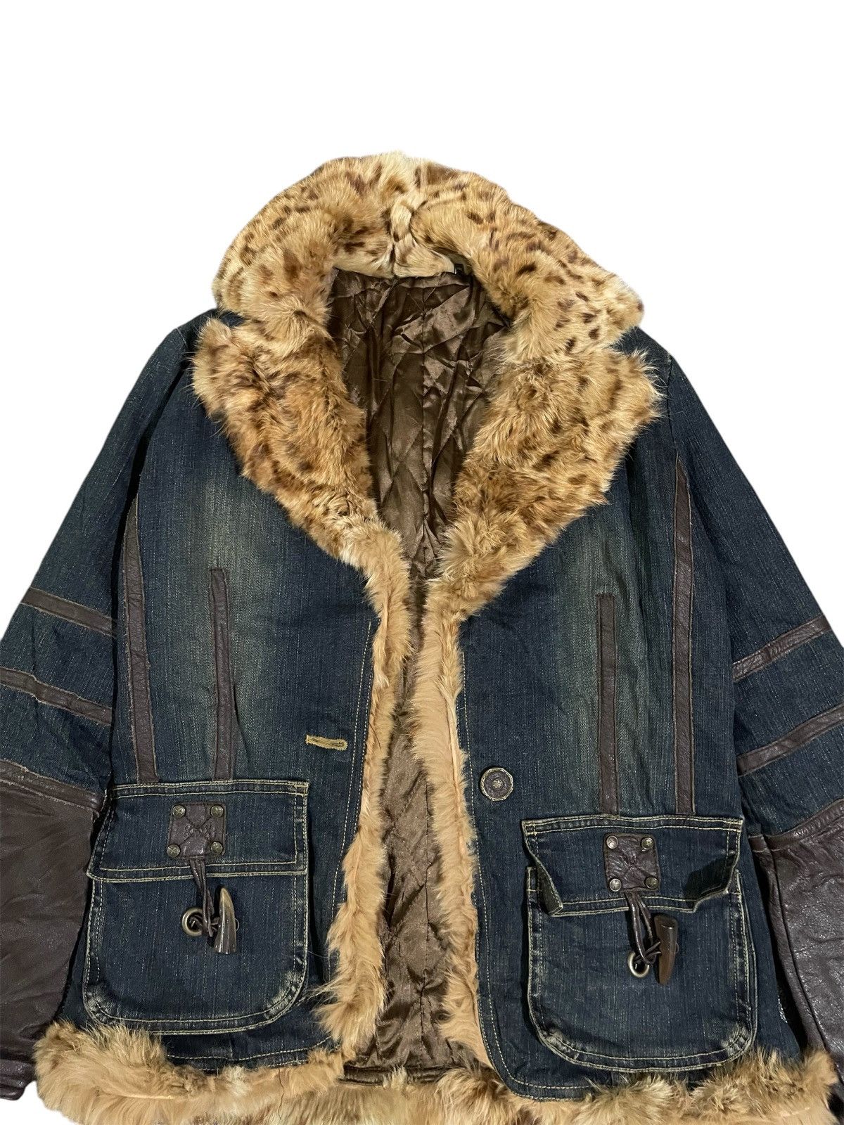 Y2K japanese Faux Fur Leather Denim Jacket