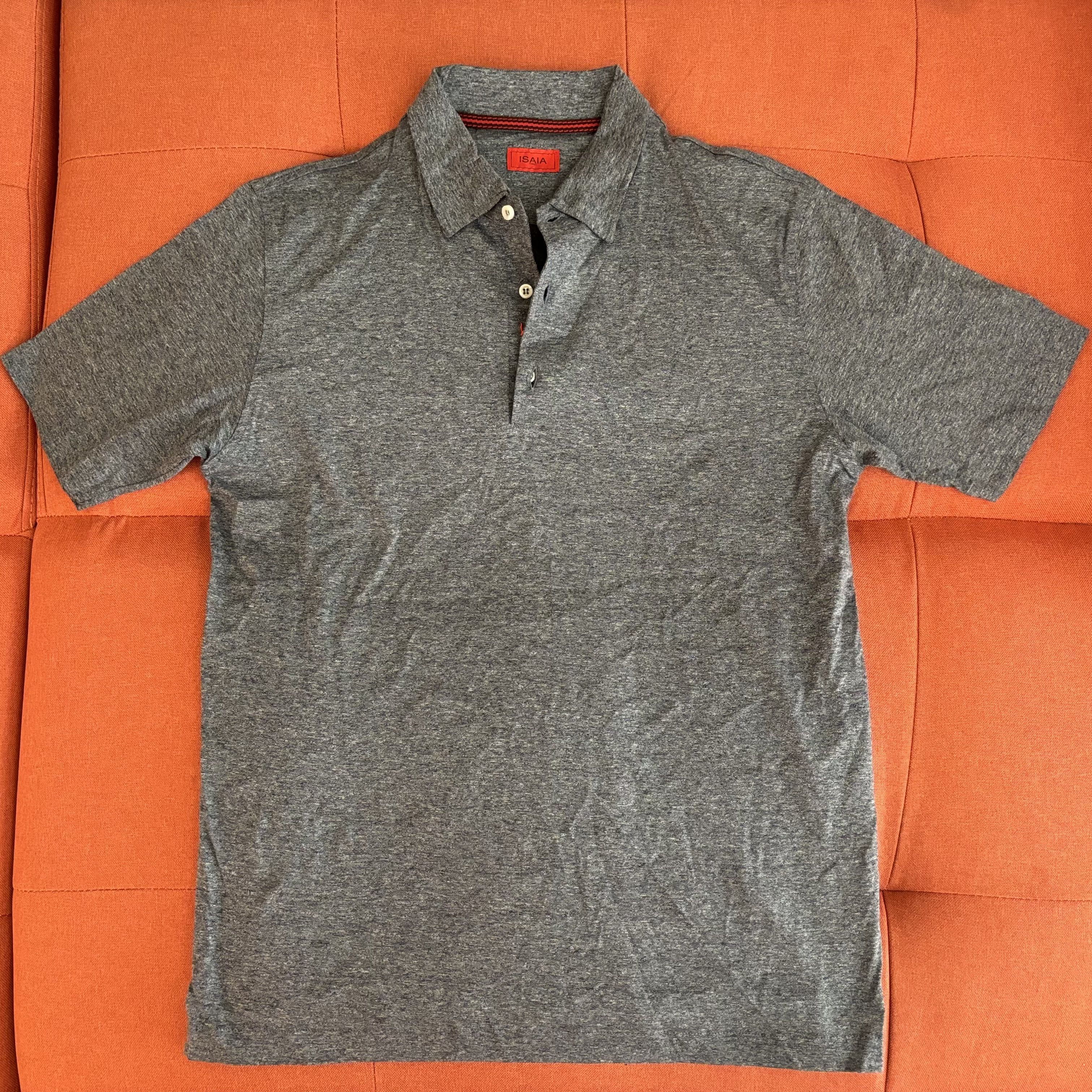 image of Isaia Gray Light Cotton Denim Short Sleeve Polo Shirt Small in Grey, Men's