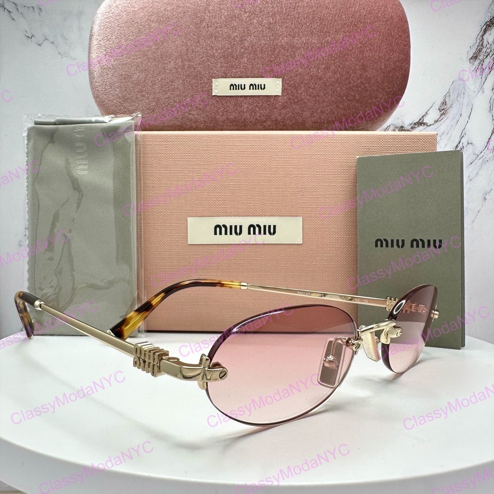 New Miu Miu Sunglasses Gold Metal Pink Oval, Women's