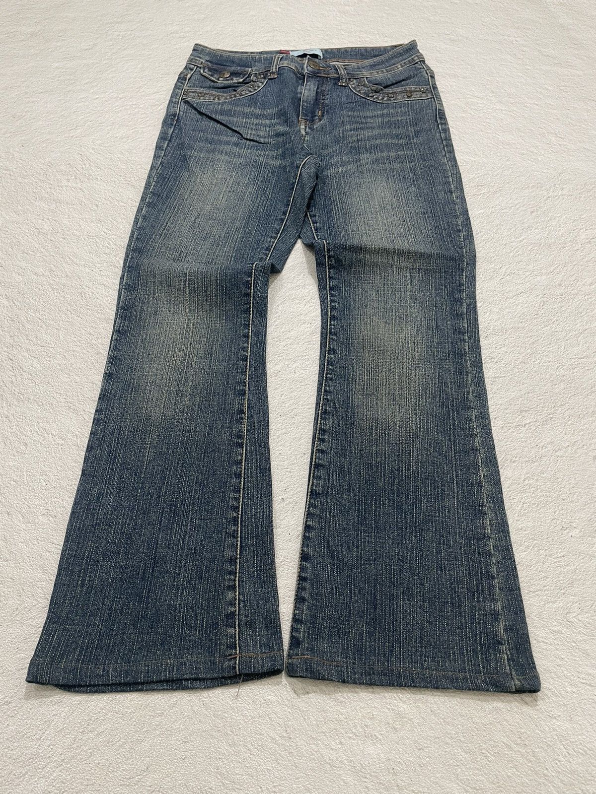 Japanese Brand 2000s Jufu Flare Raw Denim Bootcut Jeans washed Embroidered Size US 27 - 1 Thumbnail