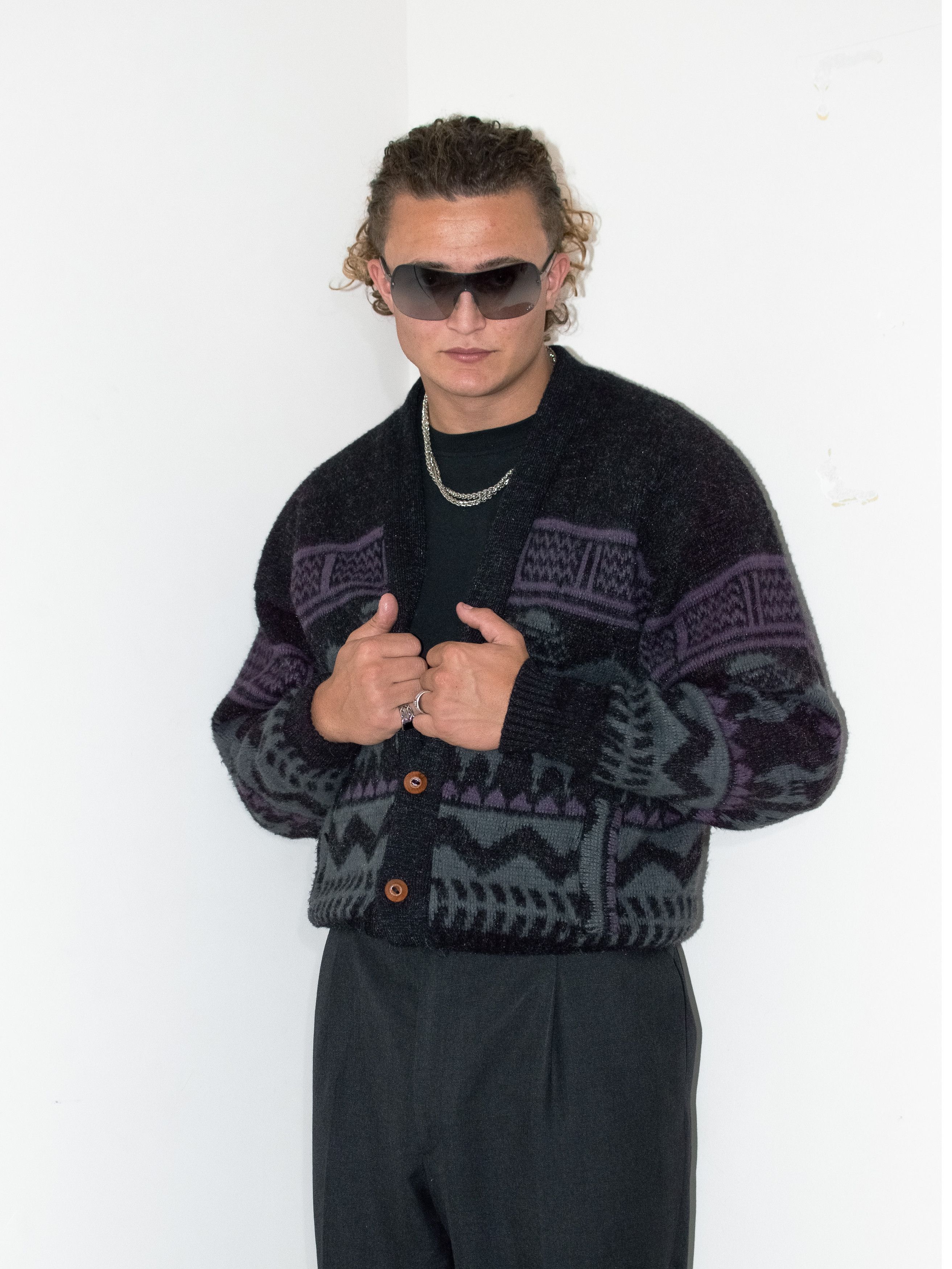 Designer × Vintage Vintage 90s Alpaca Geometric Crazy Pattern Cardigan Size US L / EU 52-54 / 3 - 4 Thumbnail