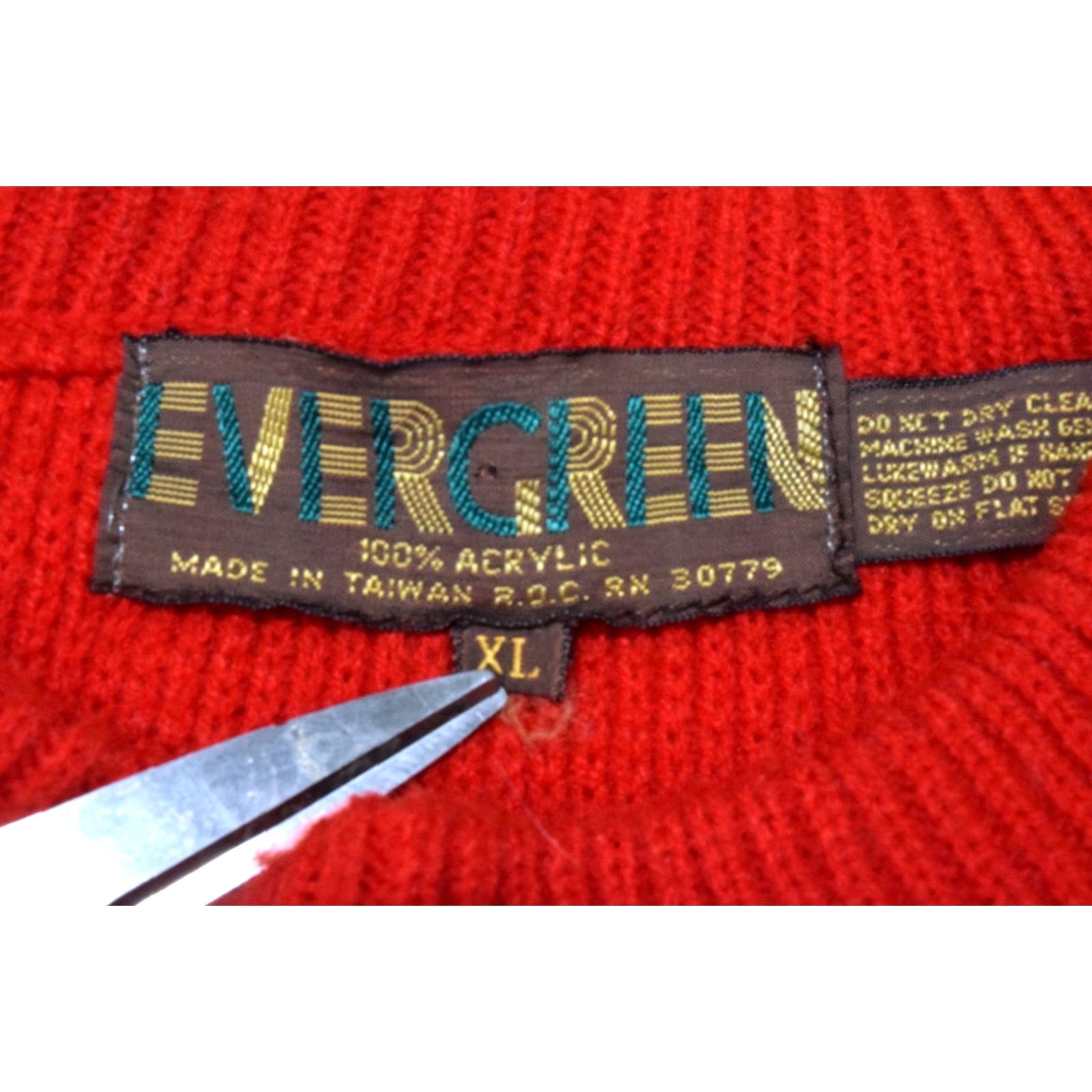 VINTAGE Evergreen Red Sweater Mens M 70s Yellow Green Center Stripe Acrylic Fade Shirt