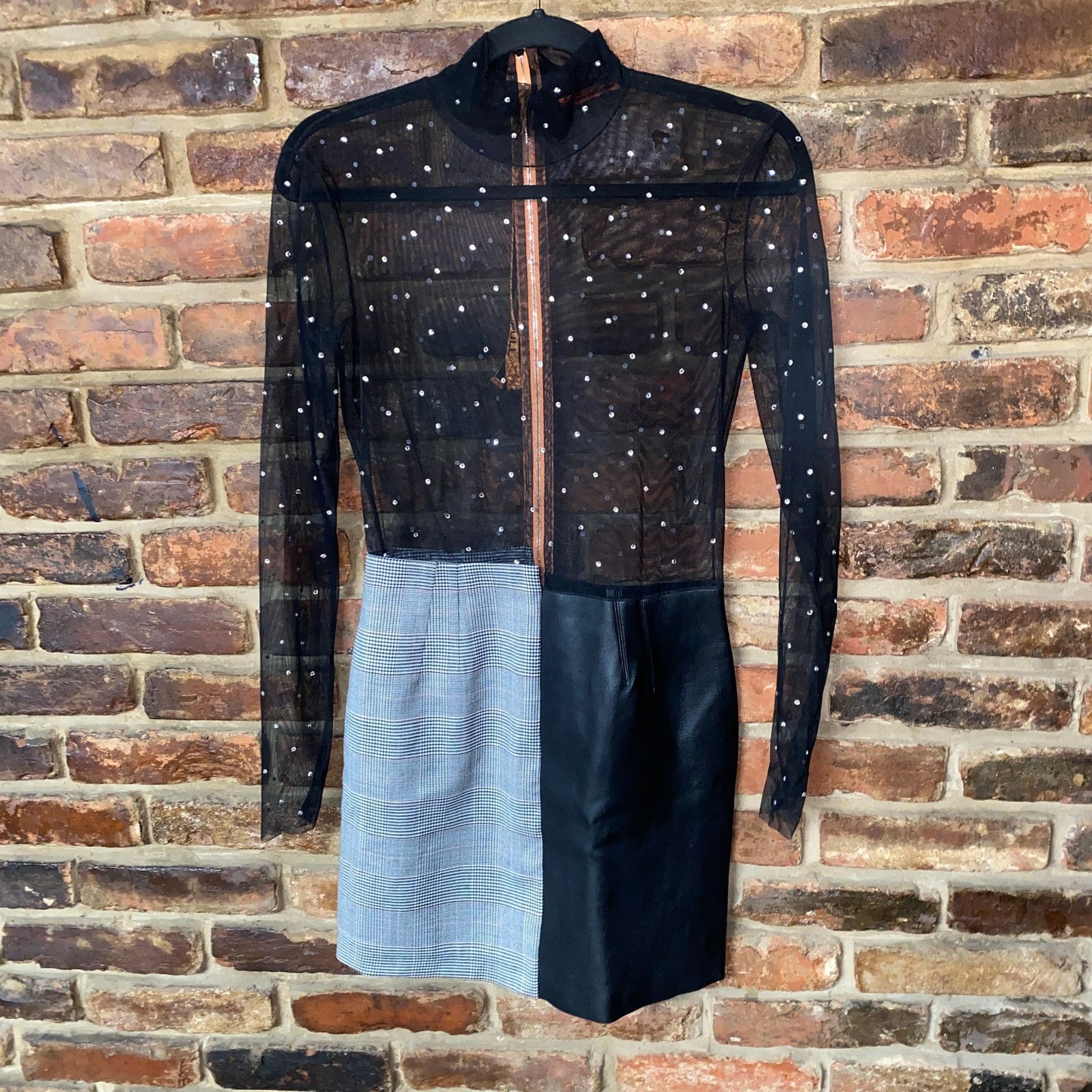 Heron Preston Heron Preston Rhinestone Mesh Leather Wool Mini Dress Small Size S / US 4 / IT 40 - 2 Thumbnail