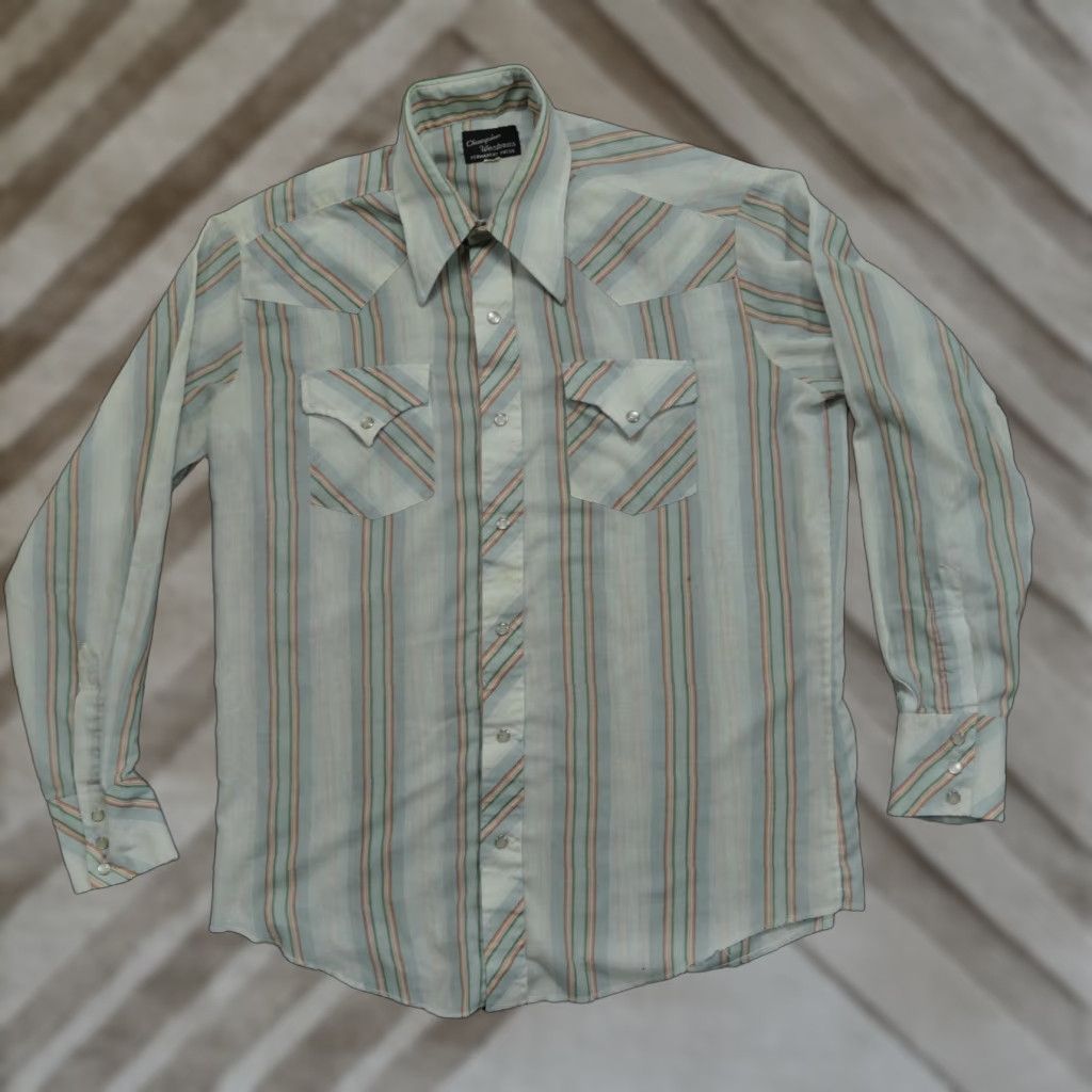 Champion VINTAGE Champion Western Shirt Mens 16.5 35 Green Orange Striped Pearl Snap 70s Size US S / EU 44-46 / 1 - 1 Thumbnail