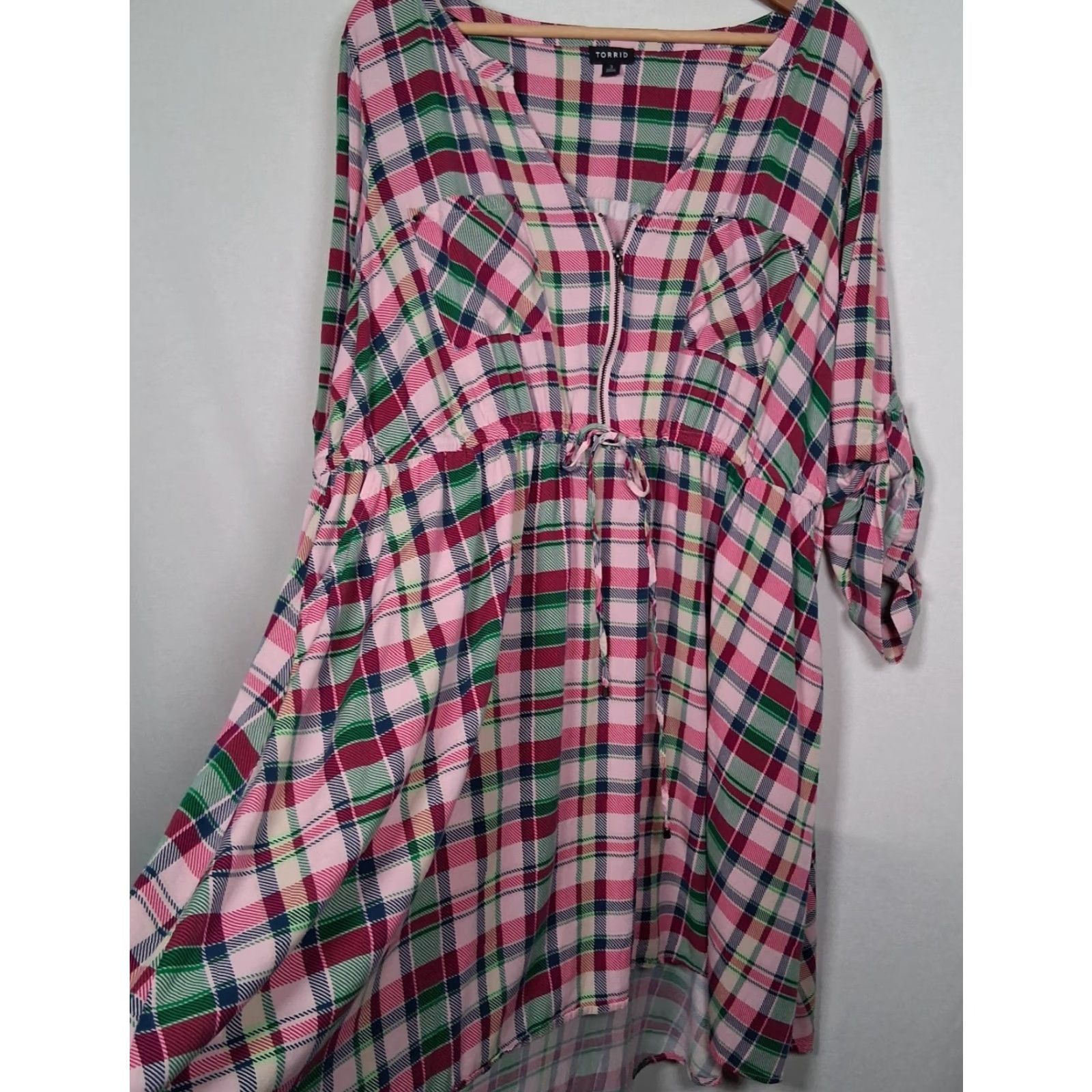 Torrid Torrid Plaid Shirt Dress Midi Zip 3X Women’s Plus Size Pink Green Blue Roll Sleeve V-Neck High Low Size XXL / US 16-18 / IT 52-54 - 3 Thumbnail