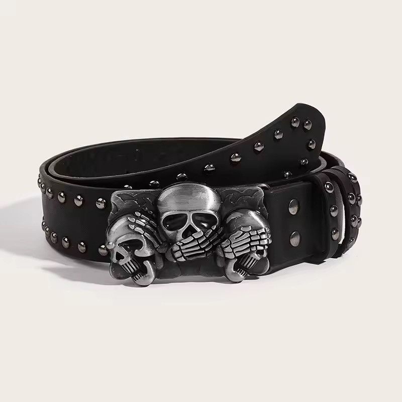 Japanese Brand Y2K Grunge Punk Rock Black Studded Belt Triple Skull Buckle Size ONE SIZE - 7 Thumbnail