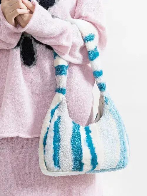 Striped Faux Fur Clutch Shoulder Hobo Bag in White, Women's