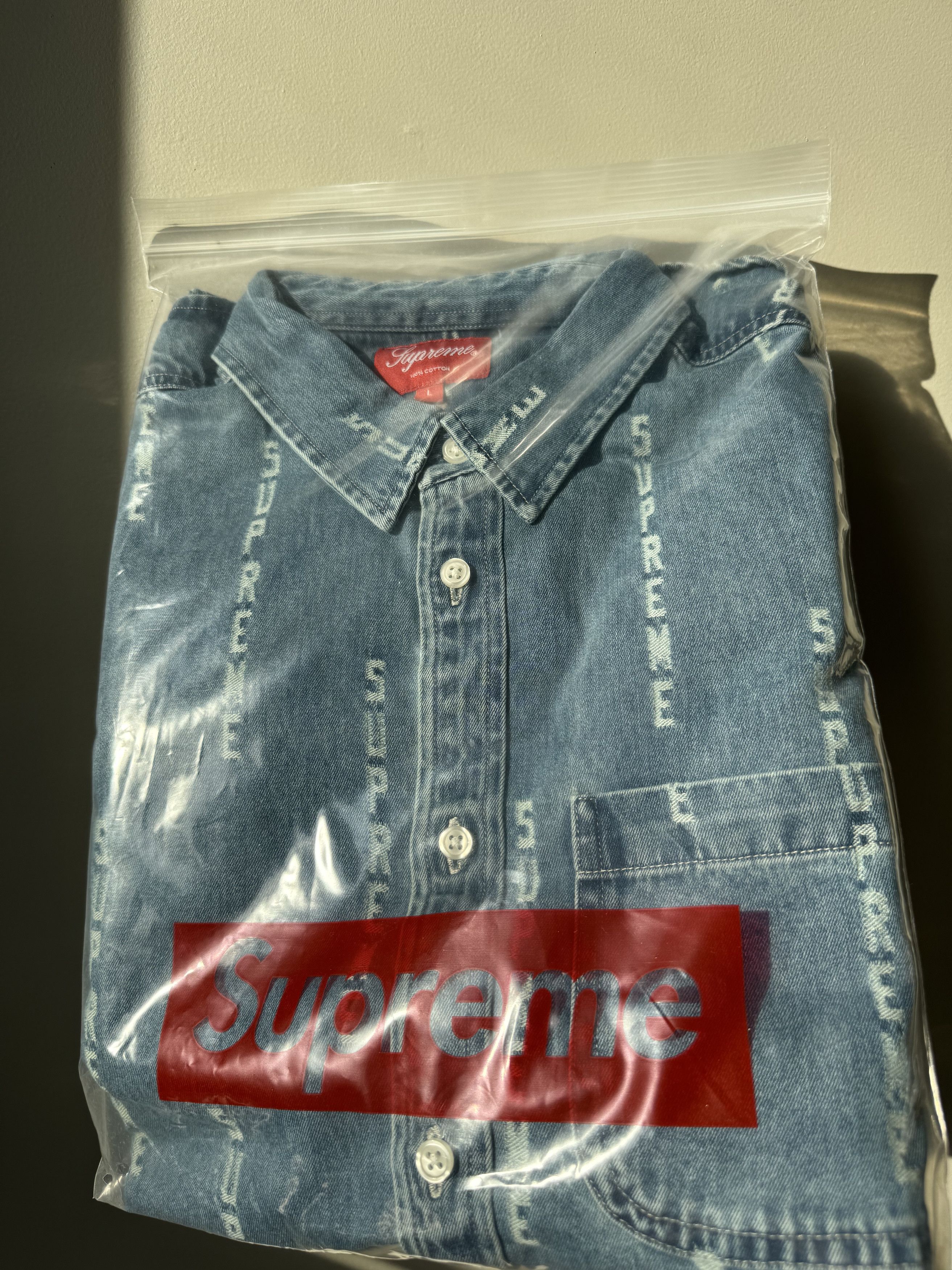 Supreme Logo Stripe Jacquard Denim Shirt L