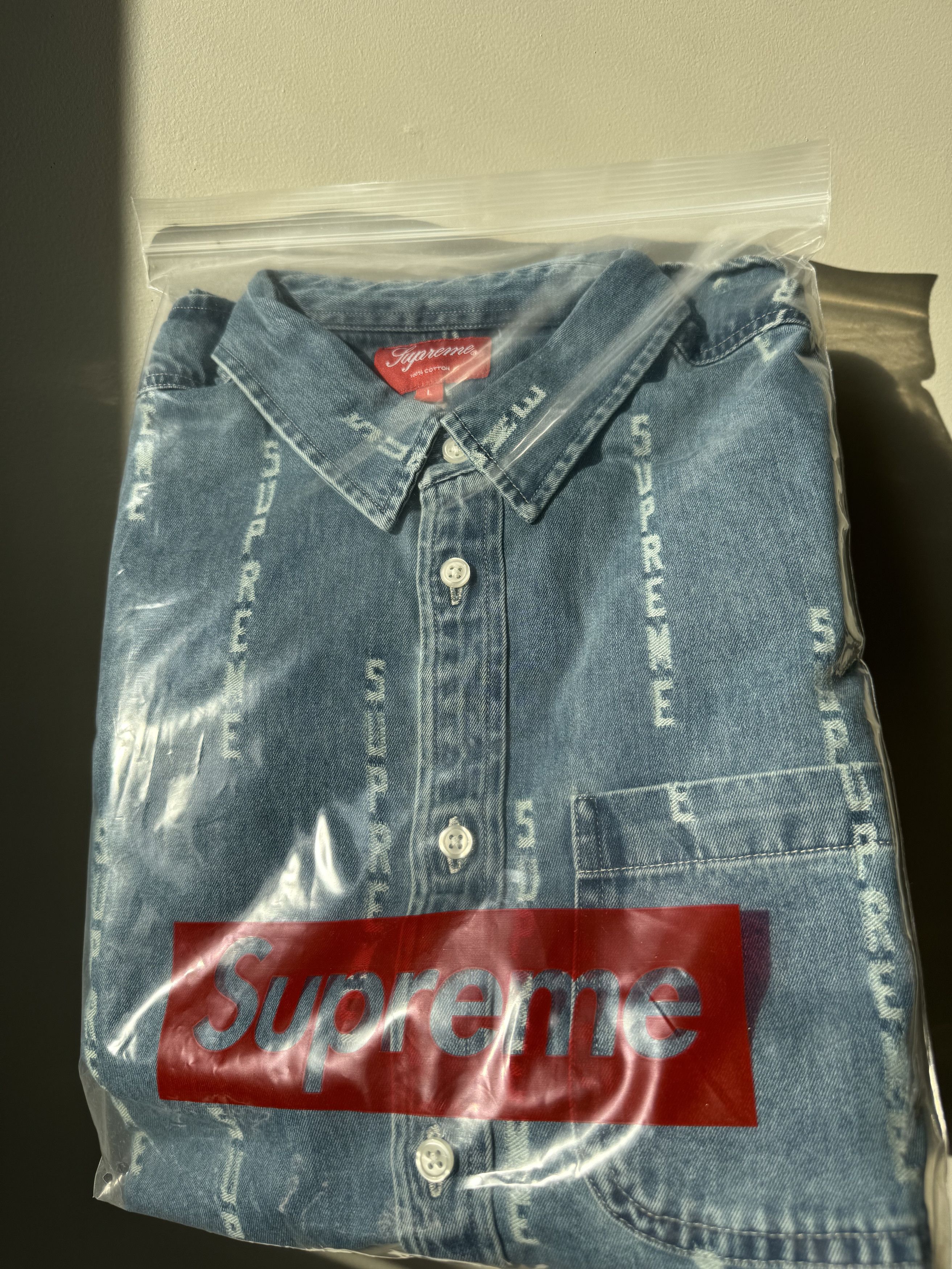 Supreme Supreme Logo Stripe Jacquard Denim Shirt L | Grailed