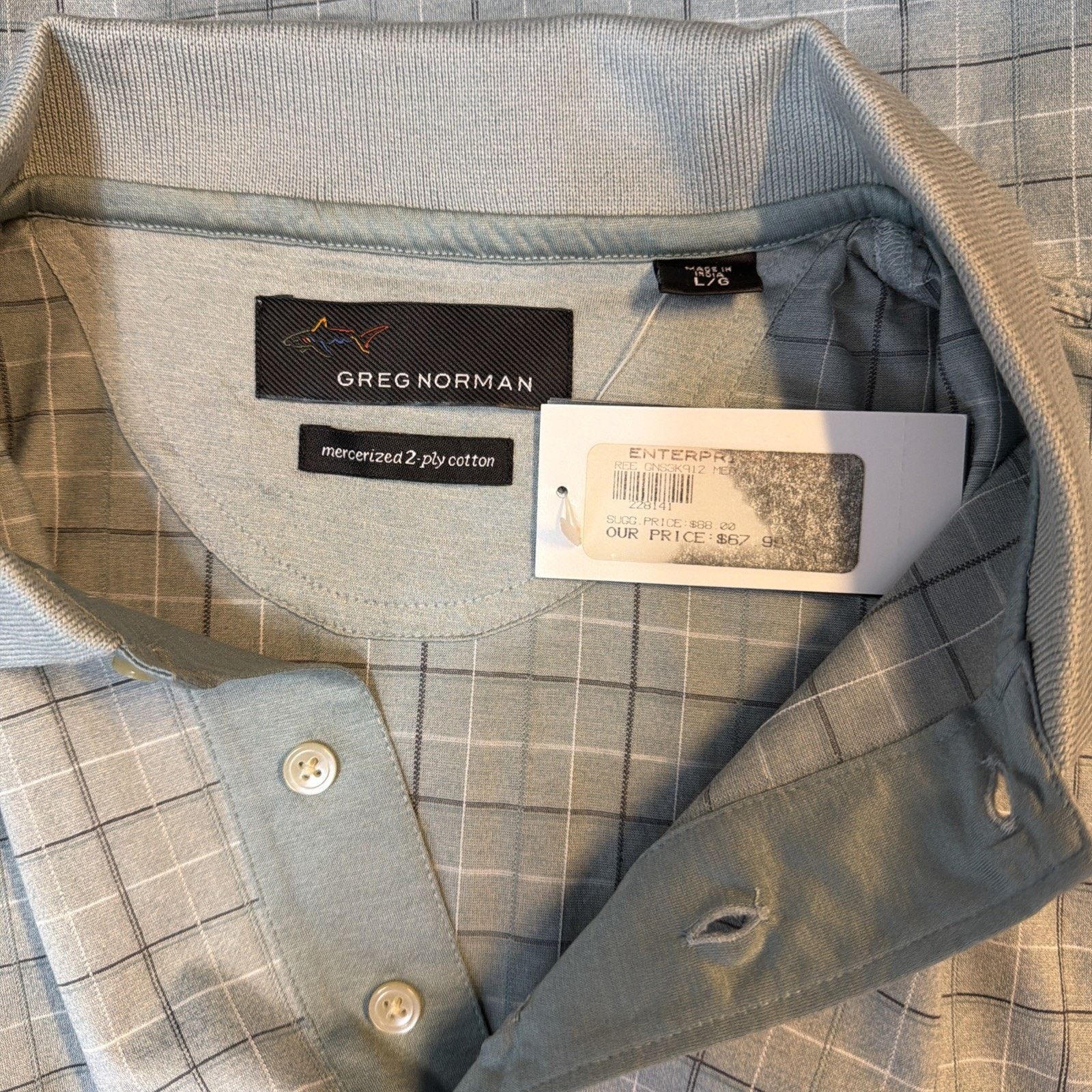 Greg Norman GREG NORMAN L Shirt Mercerized COTTON Polo GRAY Plaid NWT Size US L / EU 52-54 / 3 - 7 Thumbnail