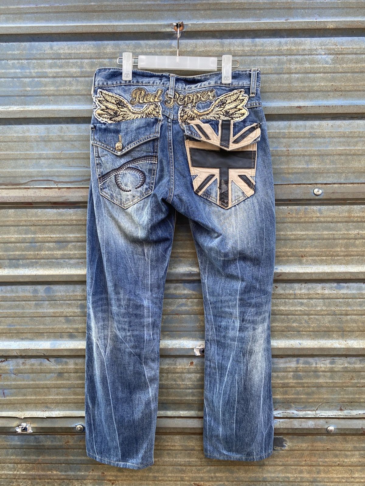 Japanese Brand Y2K Red Pepper Wing Motif Union Jack Denim Pants Size US 33 - 1 Thumbnail