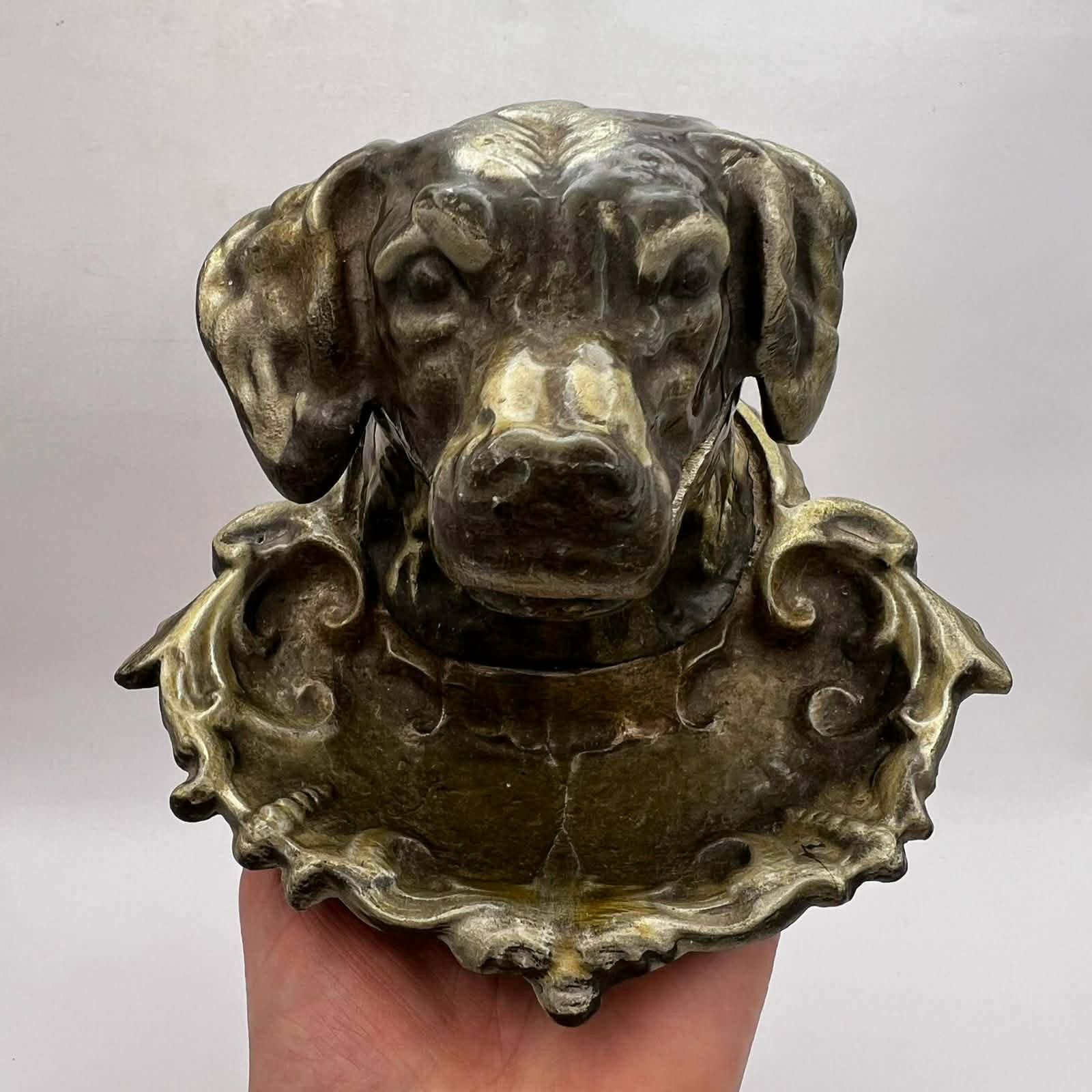 Heavy Vintage Brass Dog Head Ashtray Sculptural