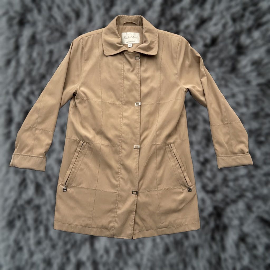 Vintage VINTAGE 90s Trench Coat Women S Office Minimalist Chic Light Academia Warm Coat Brown Studio Works Long Sleeve Button Pockets Lined Oversized Size S / US 4 / IT 40 - 1 Thumbnail