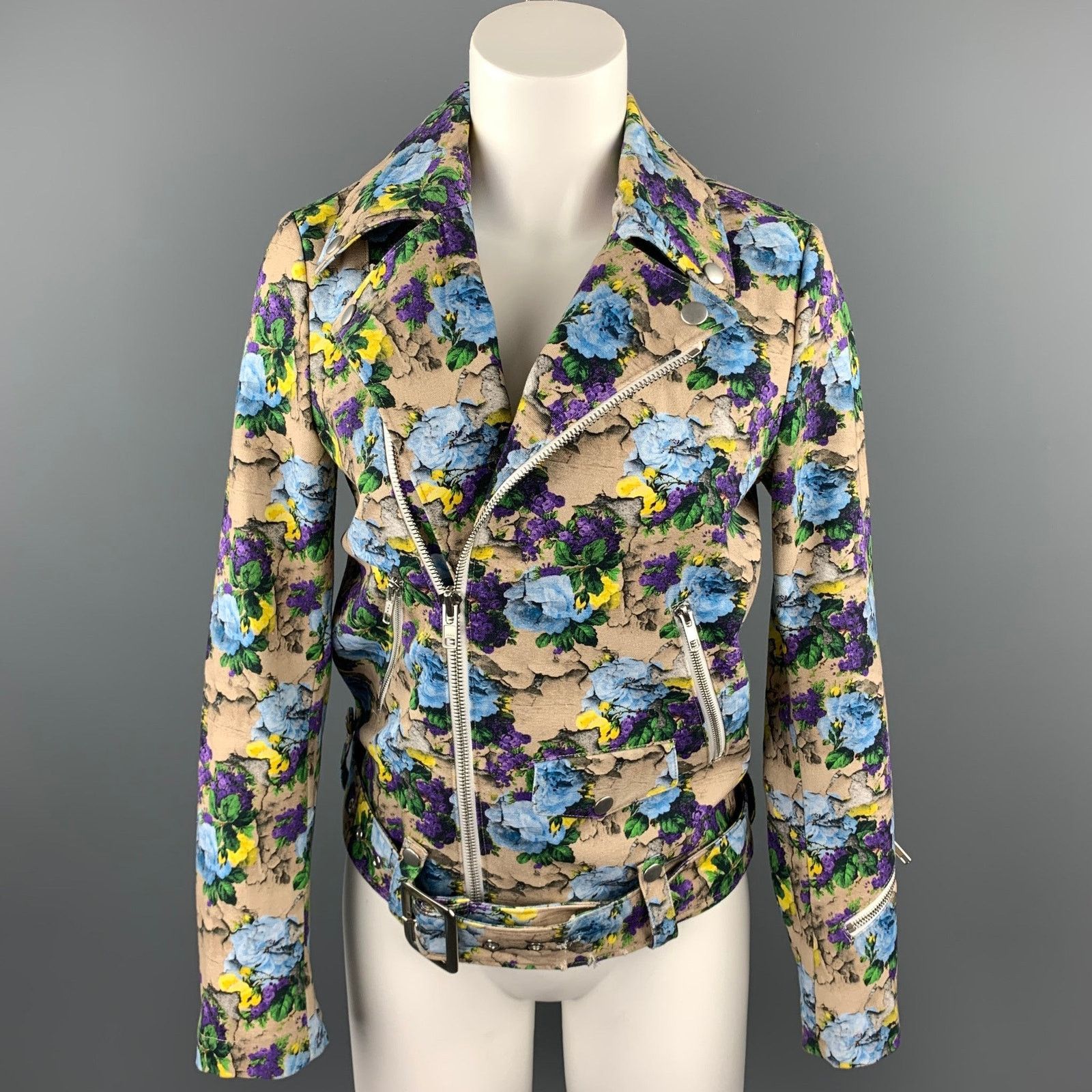 MSGM MSGM Size 4 Khaki & Purple Floral Cotton Biker Jacket Size S / US 4 / IT 40 - 1 Thumbnail