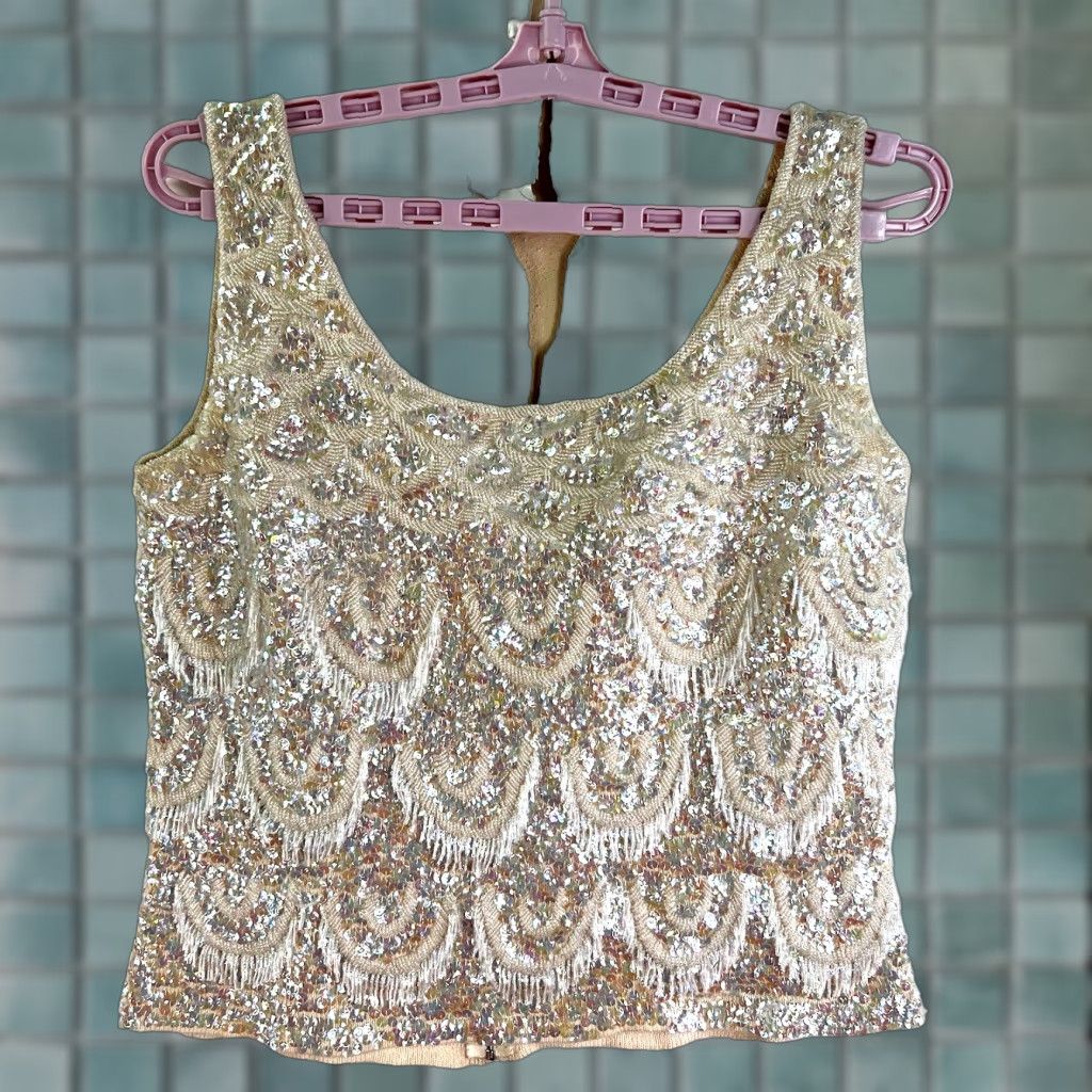 VINTAGE 1950s Hong Kong Wool Sequin Beaded Top Adult Medium White Eveningwear Cocktail Dress Women
