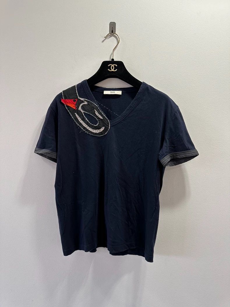 Prada Prada Neck animal logo dark blue women's V-neck short sleev Size L / US 10 / IT 46 - 1 Thumbnail