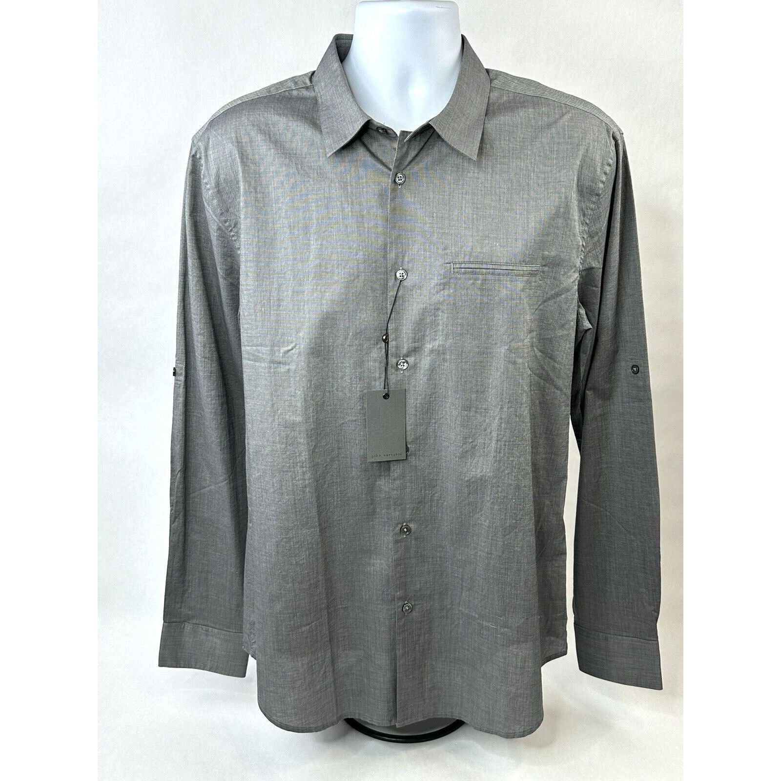 image of John Varvatos Shirt Mens Large Gray Slim Fit L/s Button Up Roll Tab Sleeves NWT in White