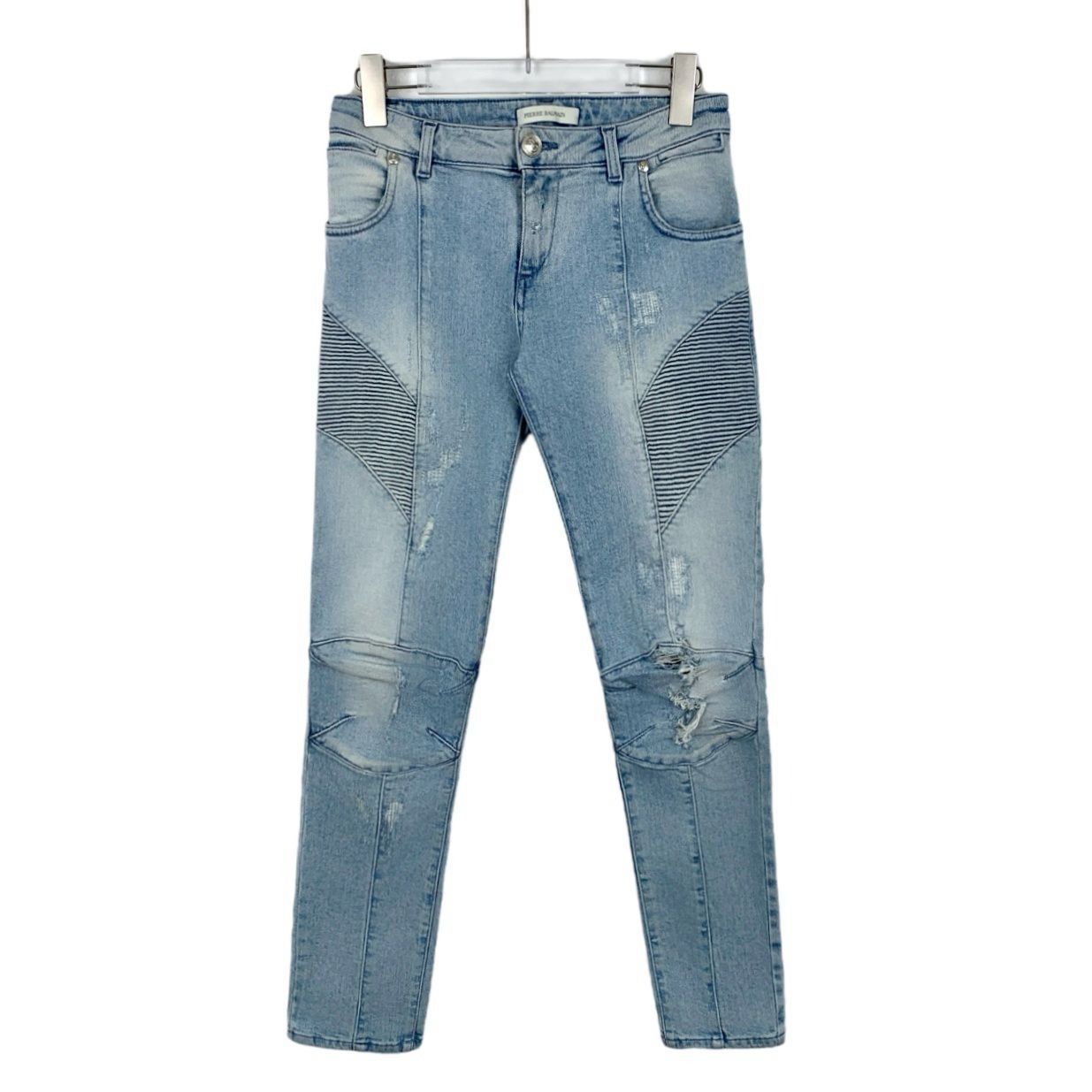 Pierre Balmain CM0075 Pierre Balmain Distressed Light Wash Moto Jeans Size US 27 - 1 Thumbnail
