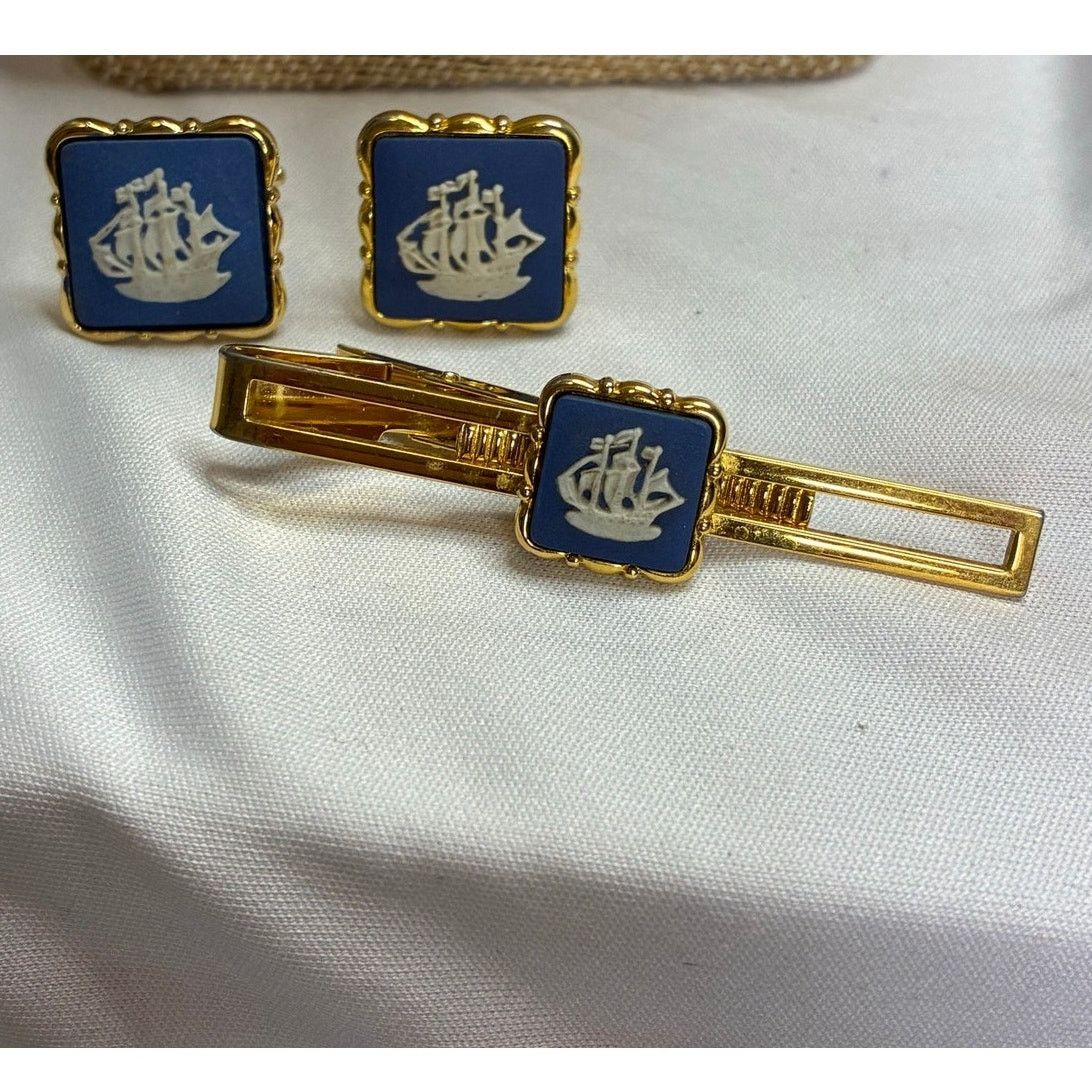 Wedgwood Blue Jasperware Sailing Ship Cufflinks & Tie Bar