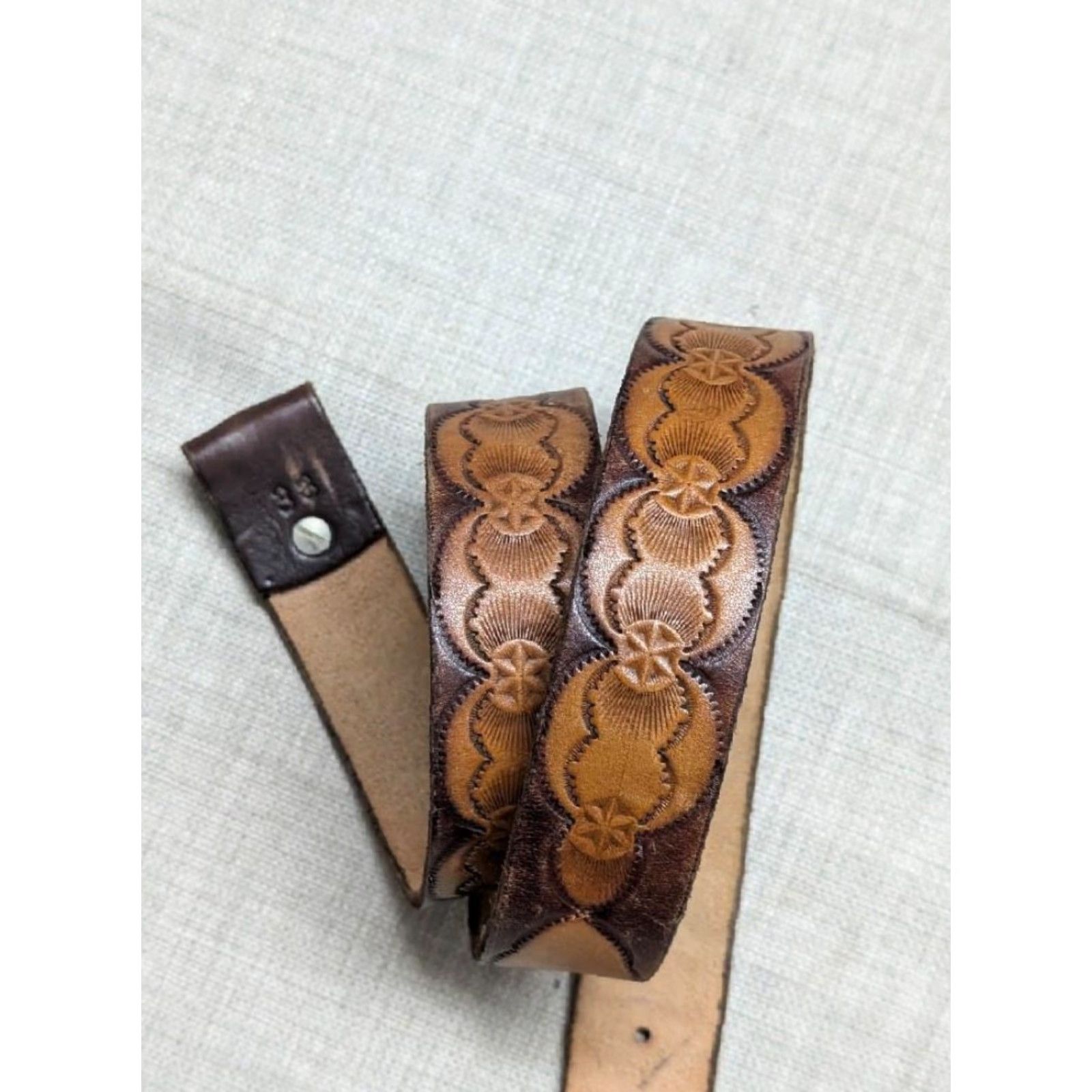 Vintage VINTAGE LeCLAIRE WESTERN Belt 36 Leather Brown Geometric Handcrafted Tooled Buckle Mens Adult 36 Brown Leather Full Grain 1-1/2" Western Belt Mens Size 36 - 5 Thumbnail