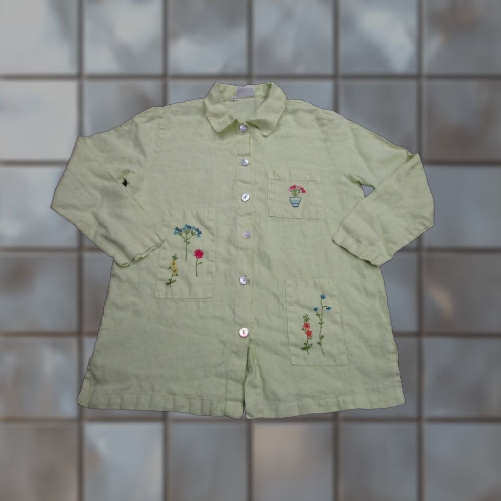 Marcs VINTAGE Hot Cotton Shirt Women Button-Up Tunic Linen Embroidered Green Small Long Sleeve Collared Oversized Bohemian Lagenlook Button Size S / US 4 / IT 40 - 1 Thumbnail