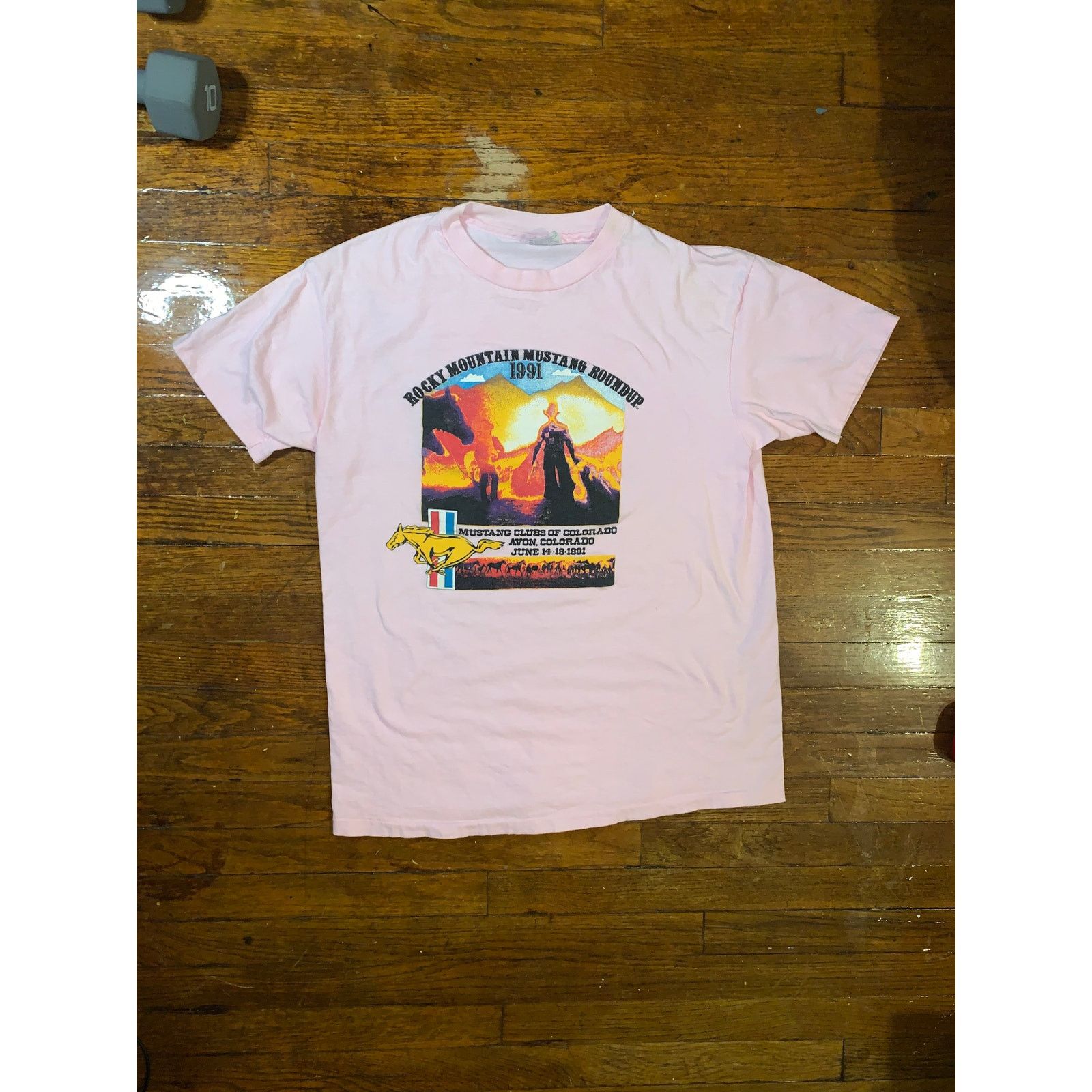 Hanes × Vintage Vintage 1991 Mustang Roundup T Shirt Pink XL Single Stitch Size US XL / EU 56 / 4 - 2 Thumbnail