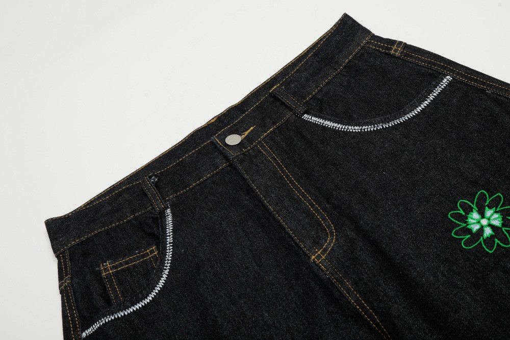 Jean Men's trendy loose casual floral embroidered straight jeans Size US 32 / EU 48 - 3 Thumbnail