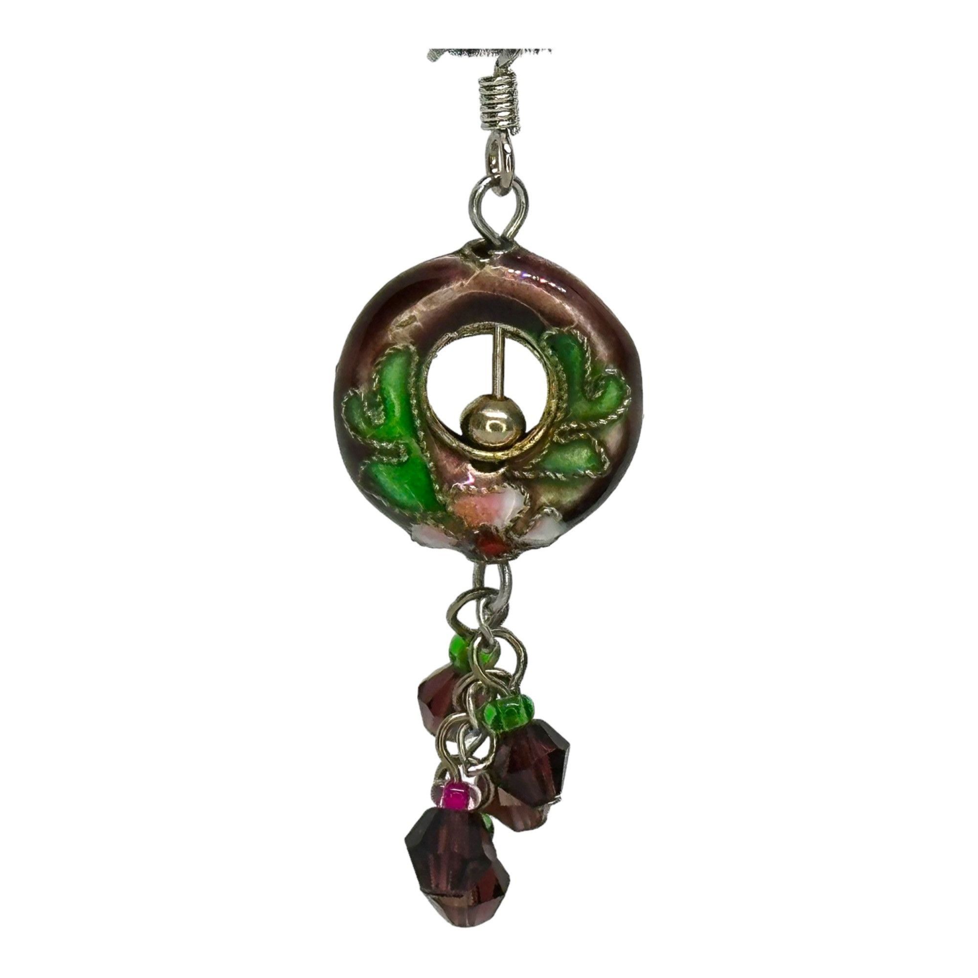 Other Floral Cloisonne French Hook Earrings Burgandy Green Pink Vi Size ONE SIZE - 3 Thumbnail