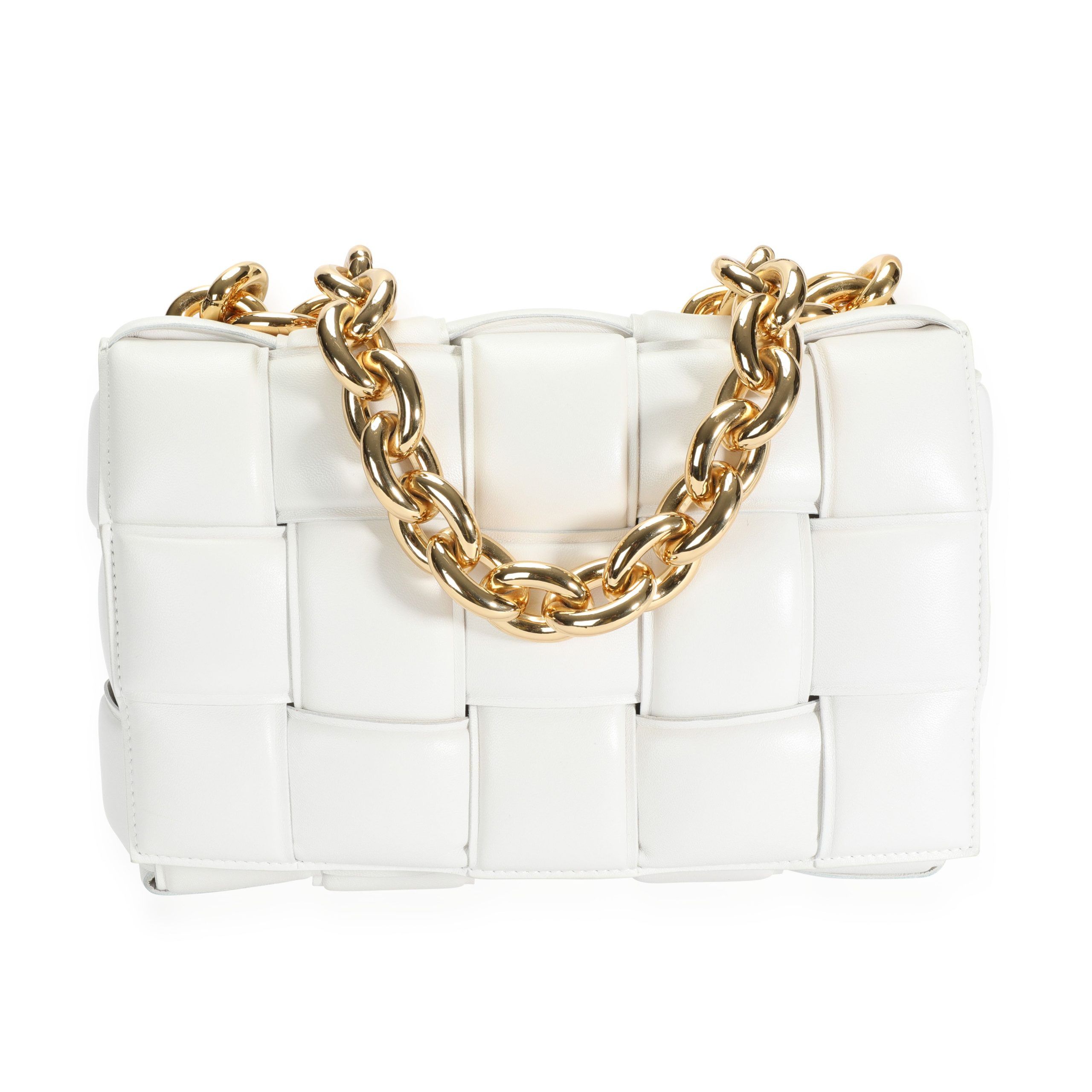 image of Bottega Veneta White Maxi Intrecciato Leather Chain Cassette Bag, Women's