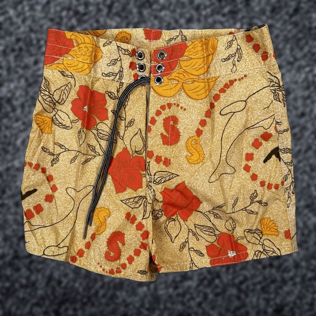 Vintage Birdwell Beach Britches Shorts Mens 28 Yellow Floral Surf Swim Dolphin Hibiscus Board Shorts Quick Dry Lined Back Pocket Drawstring Size US 28 / EU 44 - 1 Thumbnail