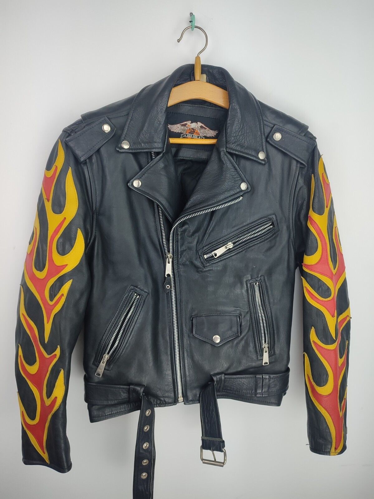 image of Vintage Black Red Flame Men's Motorcycle Jacket Size S