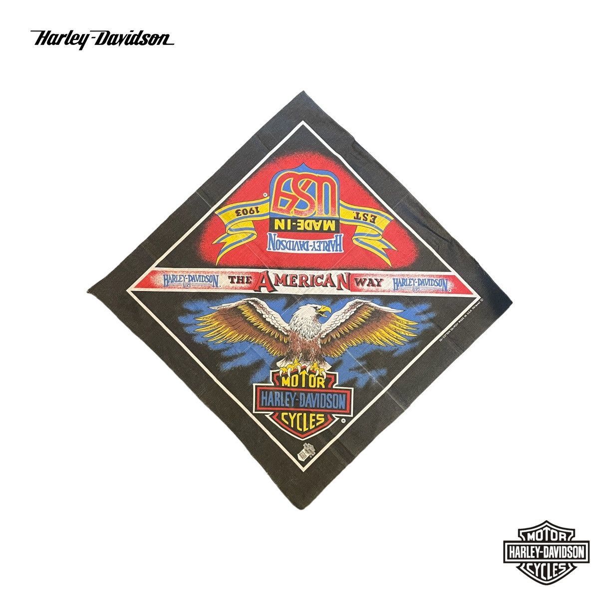 Harley Davidson × Vintage Vintage Harley Davidson Motorcycle Bandana 50/50 soft fabric, HDOLP logo "The American Way Made in USA" Eagle Size ONE SIZE - 3 Thumbnail